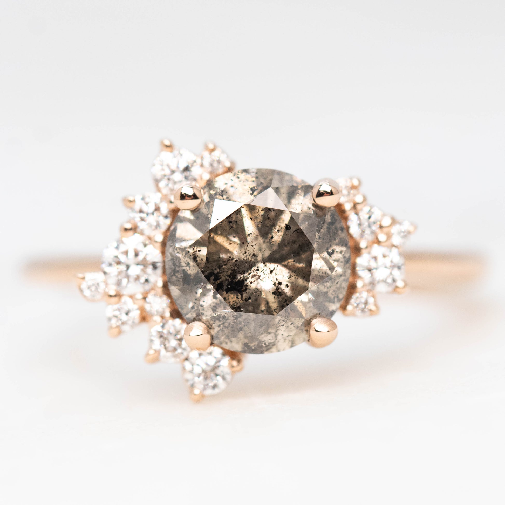 Orion Ring with a 1.81 Carat Round Champagne Salt and Pepper Diamond and White Accent Diamonds in 14k Rose Gold - Ready to Size and Ship - Midwinter Co. Alternative Bridal Rings and Modern Fine Jewelry