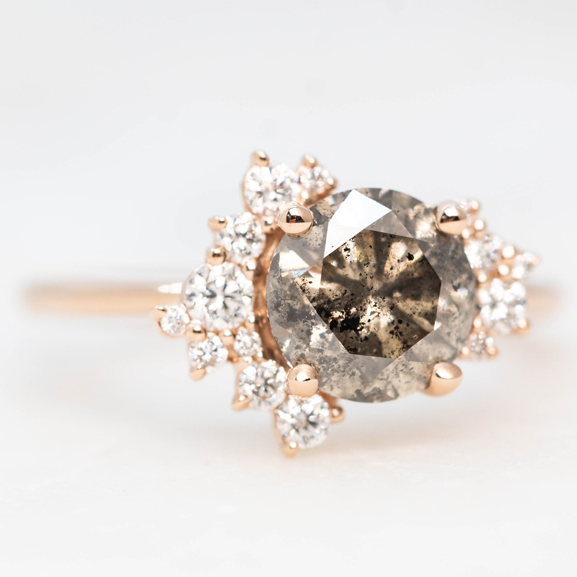 Orion Ring with a 1.81 Carat Round Champagne Salt and Pepper Diamond and White Accent Diamonds in 14k Rose Gold - Ready to Size and Ship - Midwinter Co. Alternative Bridal Rings and Modern Fine Jewelry