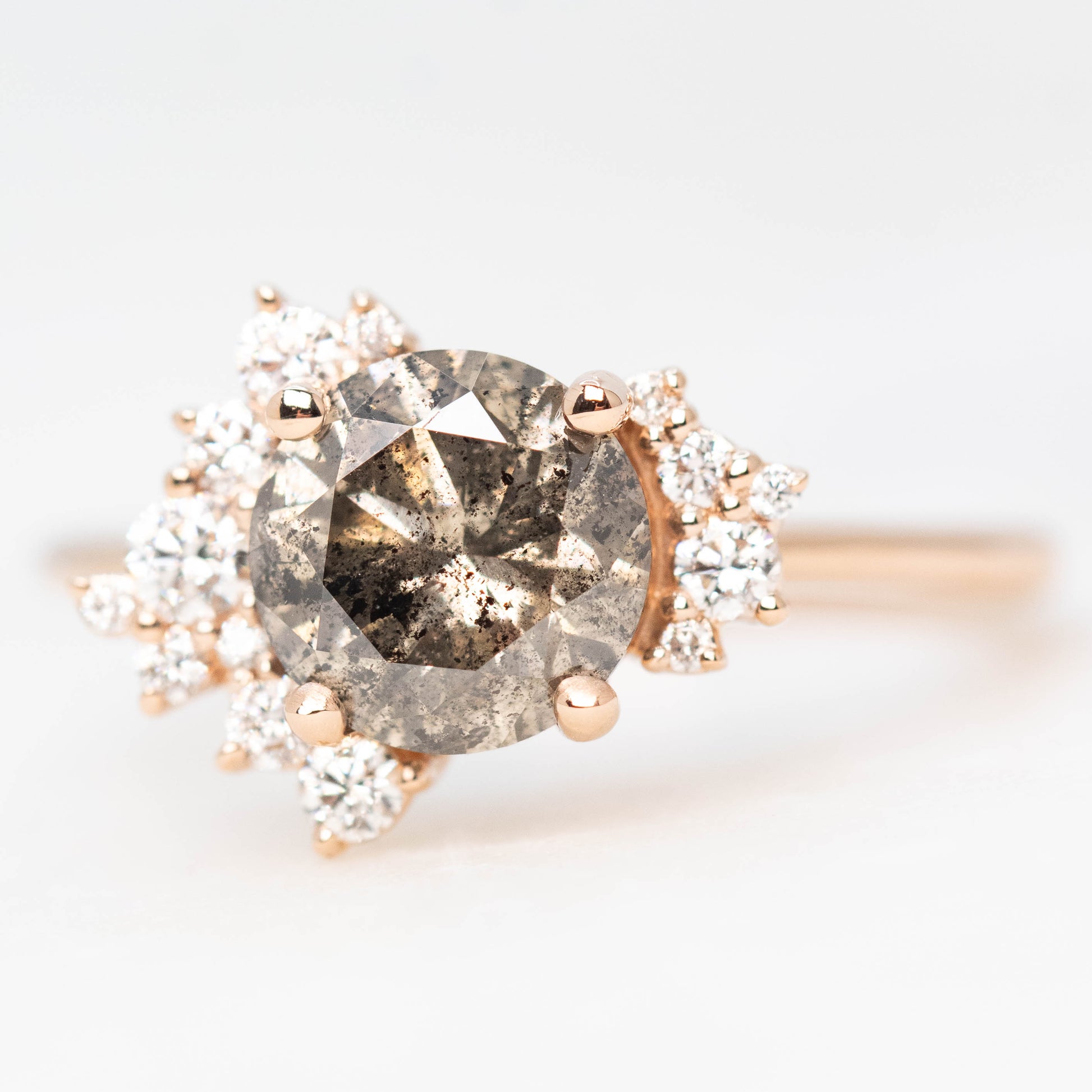 Orion Ring with a 1.81 Carat Round Champagne Salt and Pepper Diamond and White Accent Diamonds in 14k Rose Gold - Ready to Size and Ship - Midwinter Co. Alternative Bridal Rings and Modern Fine Jewelry