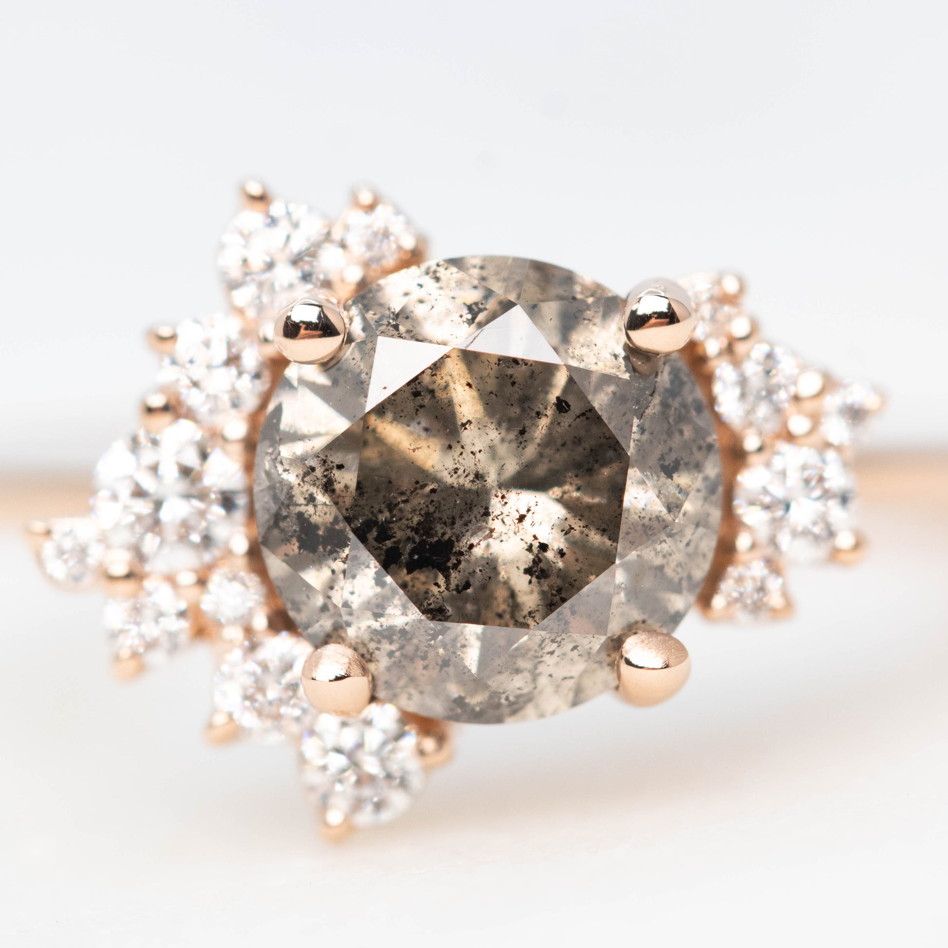 Orion Ring with a 1.81 Carat Round Champagne Salt and Pepper Diamond and White Accent Diamonds in 14k Rose Gold - Ready to Size and Ship - Midwinter Co. Alternative Bridal Rings and Modern Fine Jewelry