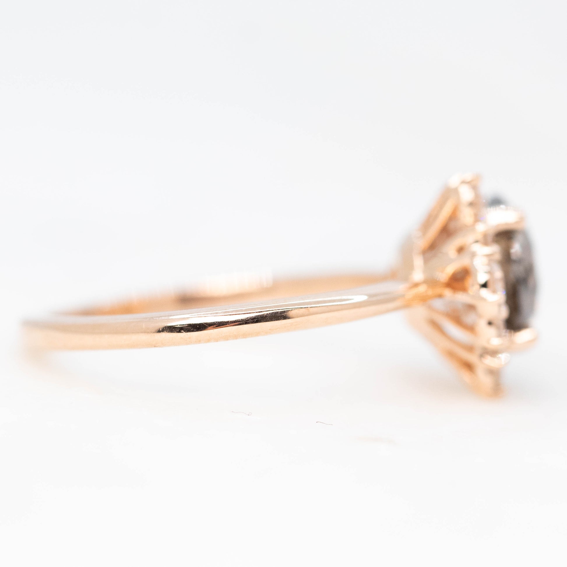 Orion Ring with a 1.81 Carat Round Champagne Salt and Pepper Diamond and White Accent Diamonds in 14k Rose Gold - Ready to Size and Ship - Midwinter Co. Alternative Bridal Rings and Modern Fine Jewelry