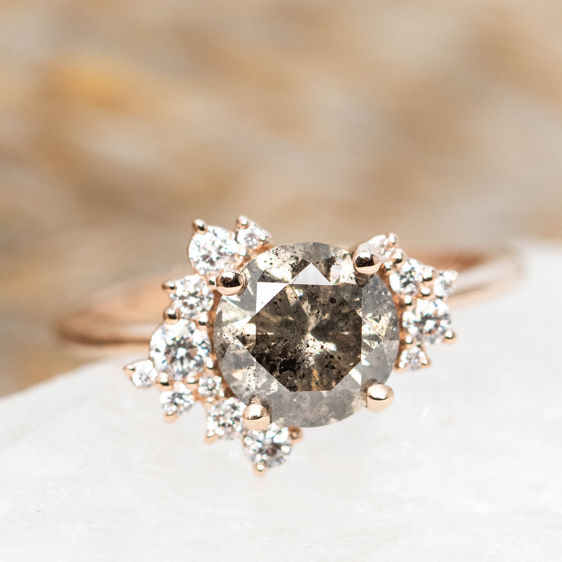 Orion Ring with a 1.81 Carat Round Champagne Salt and Pepper Diamond and White Accent Diamonds in 14k Rose Gold - Ready to Size and Ship - Midwinter Co. Alternative Bridal Rings and Modern Fine Jewelry