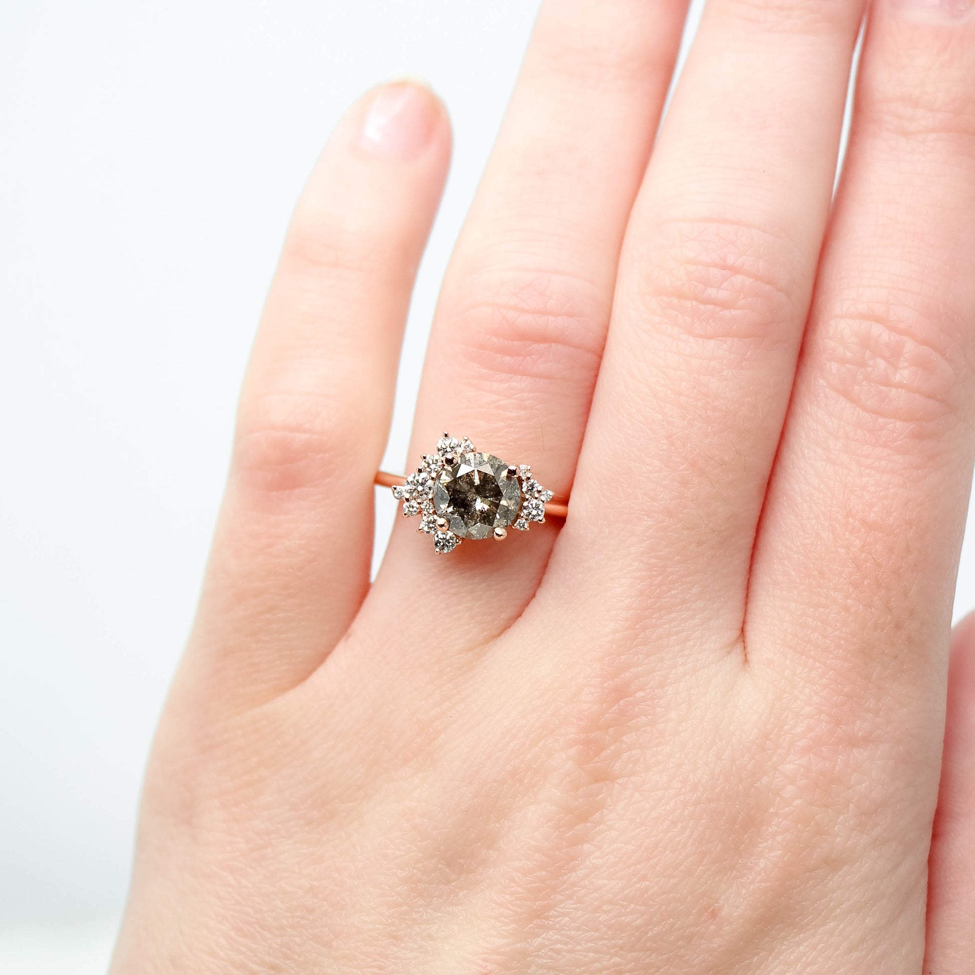 Orion Ring with a 1.81 Carat Round Champagne Salt and Pepper Diamond and White Accent Diamonds in 14k Rose Gold - Ready to Size and Ship - Midwinter Co. Alternative Bridal Rings and Modern Fine Jewelry