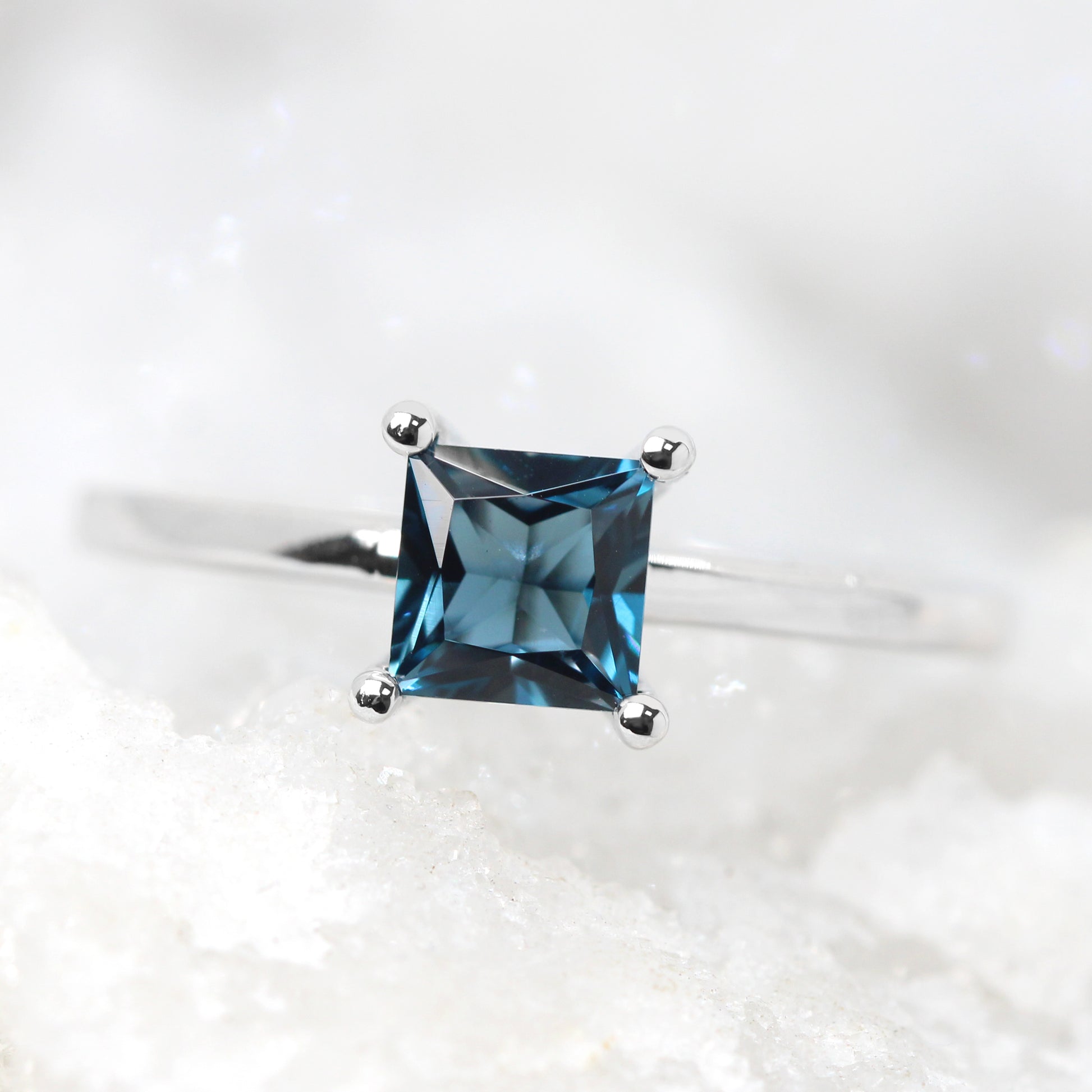 London Blue Topaz .83 carat 5mm Princess Square Cut Ring - Your choice of metal - Custom - Midwinter Co. Alternative Bridal Rings and Modern Fine Jewelry