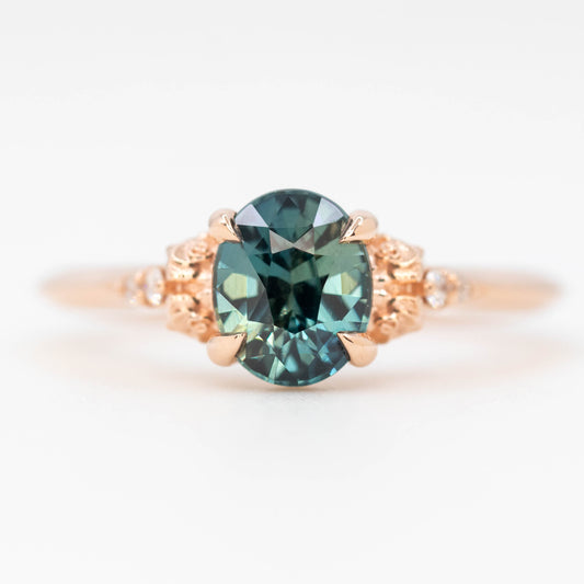 Rosalia Ring with a 1.22 Carat Teal Blue Oval Sapphire and White Accent Diamonds in 14k Rose Gold - Ready to Size and Ship