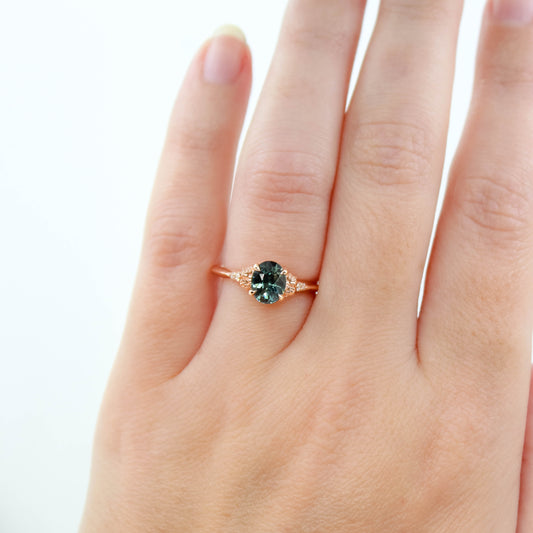 Rosalia Ring with a 1.22 Carat Teal Blue Oval Sapphire and White Accent Diamonds in 14k Rose Gold - Ready to Size and Ship