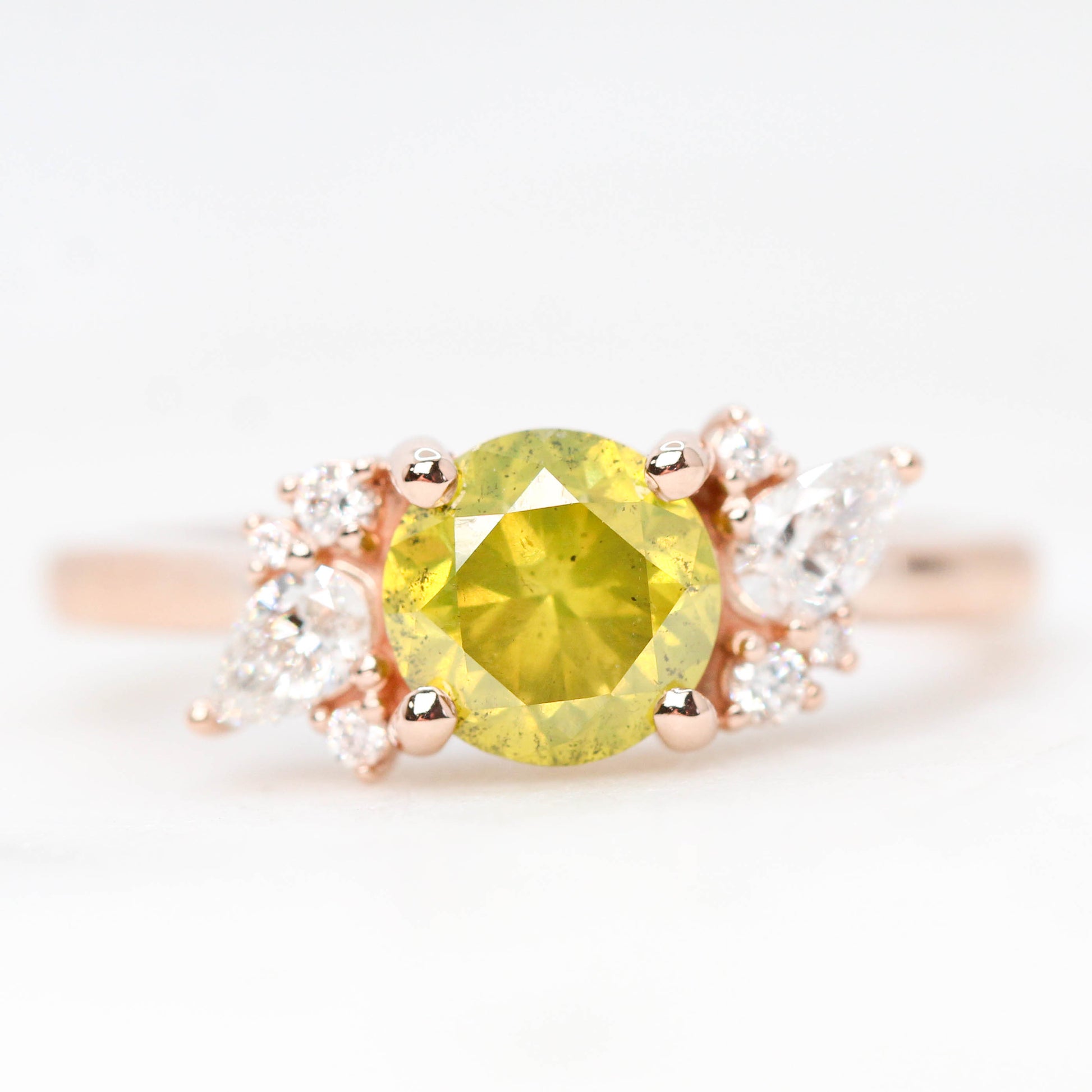 Sable Ring with a 1.38 Carat Yellow-Green Round Diamond with White Accent Diamonds in 14k Rose Gold - Ready to Size and Ship - Midwinter Co. Alternative Bridal Rings and Modern Fine Jewelry