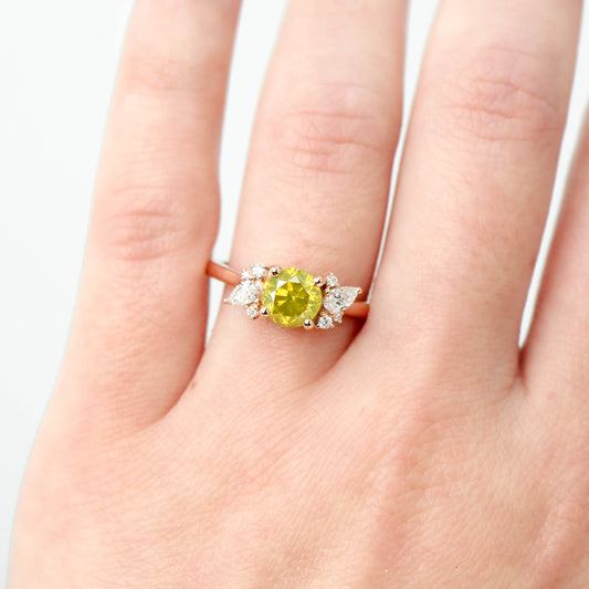 Sable Ring with a 1.38 Carat Yellow-Green Round Diamond with White Accent Diamonds in 14k Rose Gold - Ready to Size and Ship - Midwinter Co. Alternative Bridal Rings and Modern Fine Jewelry