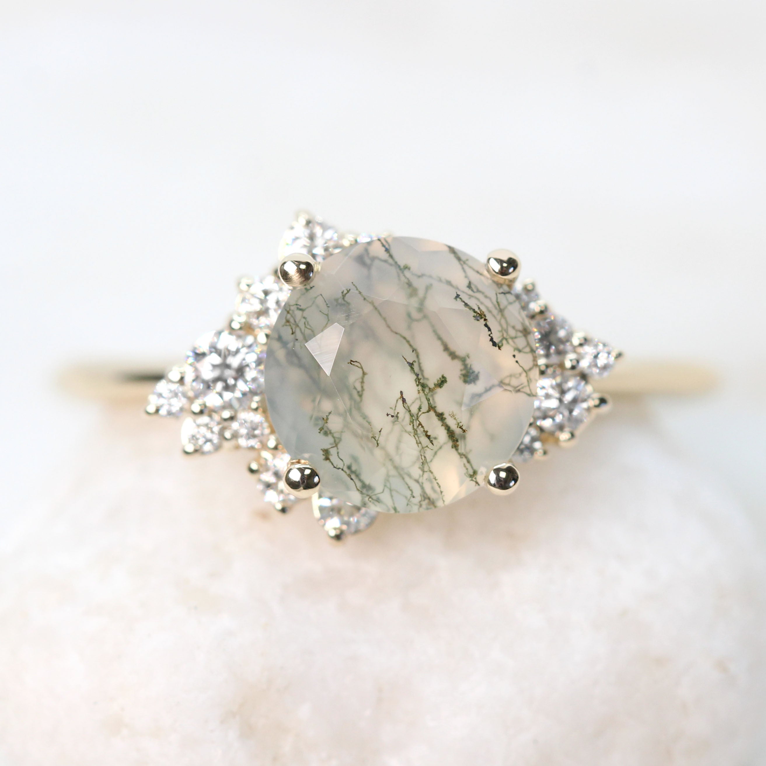 Custom Orion with 2 Carat Round Moss Agate and White Accent Diamonds in your Choice of 14K Gold - Made to Order - Each Stone is Unique - Midwinter Co. Alternative Bridal Rings and Modern Fine Jewelry