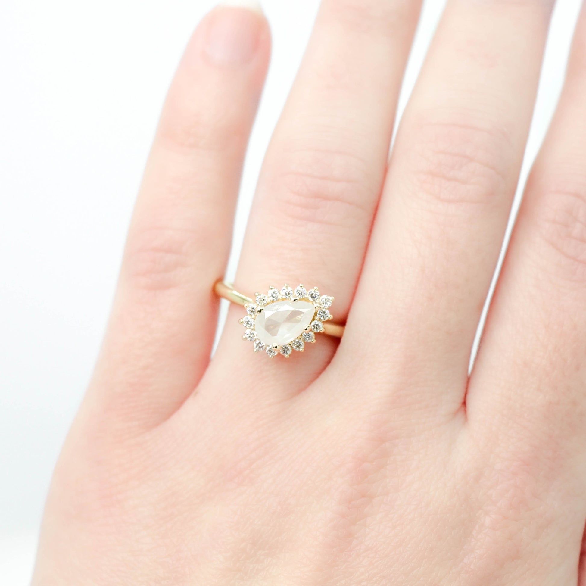 Velma Ring with a 1.30 Carat Misty White Pear Diamond and White Diamond Accents in 14k Yellow Gold - Ready to Size and Ship - Midwinter Co. Alternative Bridal Rings and Modern Fine Jewelry