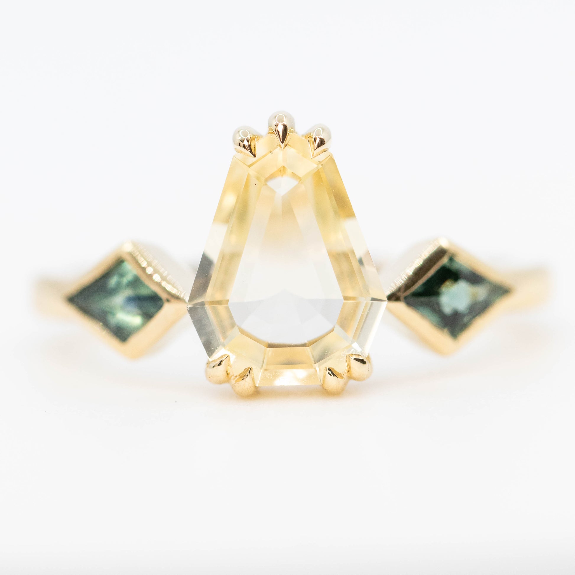 Vespera Ring with a 1.74 Carat Clear Yellow Geometric Pear Sapphire and Teal Sapphire Accents in 14k Yellow Gold - Ready to Size and Ship - Midwinter Co. Alternative Bridal Rings and Modern Fine Jewelry