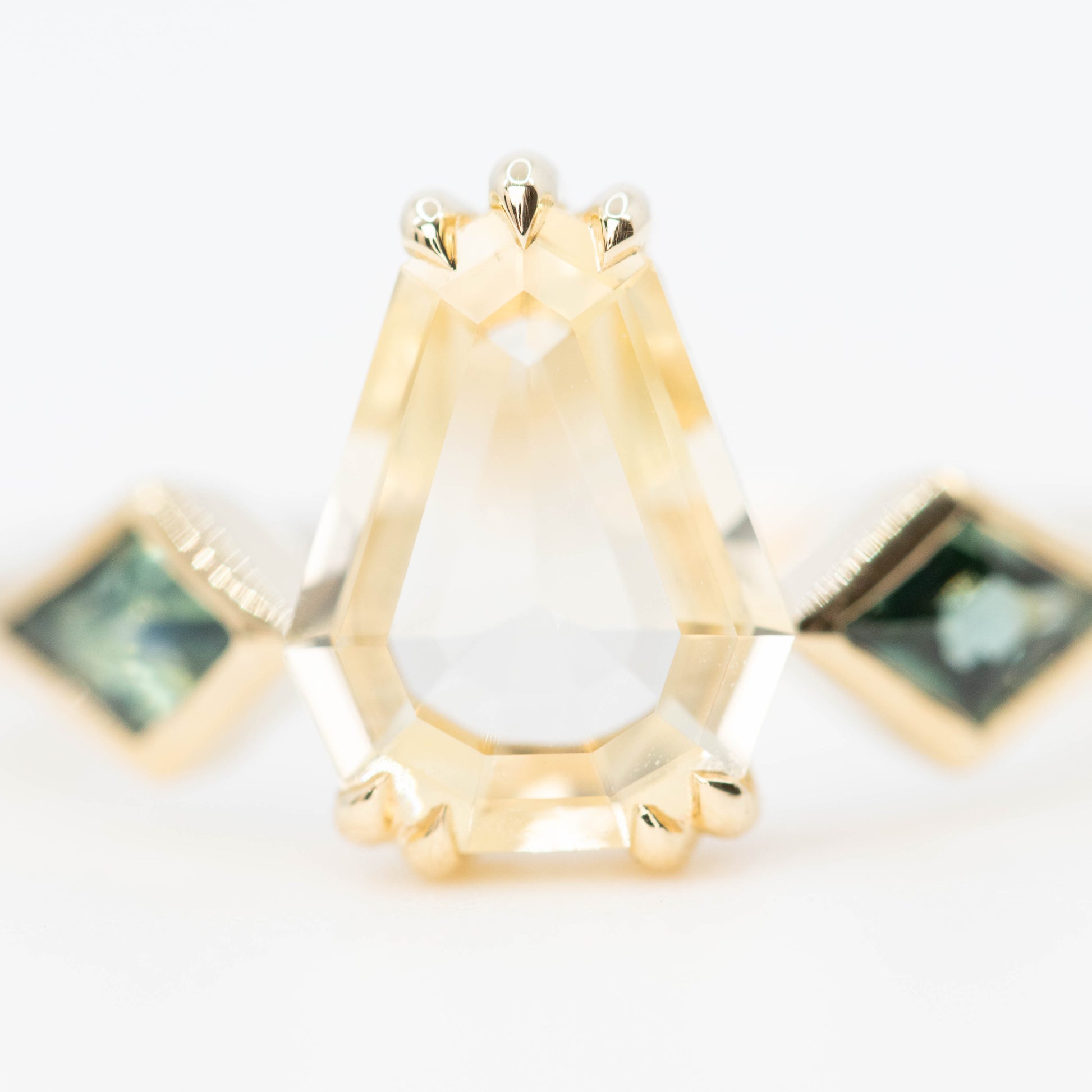 Vespera Ring with a 1.74 Carat Clear Yellow Geometric Pear Sapphire and Teal Sapphire Accents in 14k Yellow Gold - Ready to Size and Ship - Midwinter Co. Alternative Bridal Rings and Modern Fine Jewelry