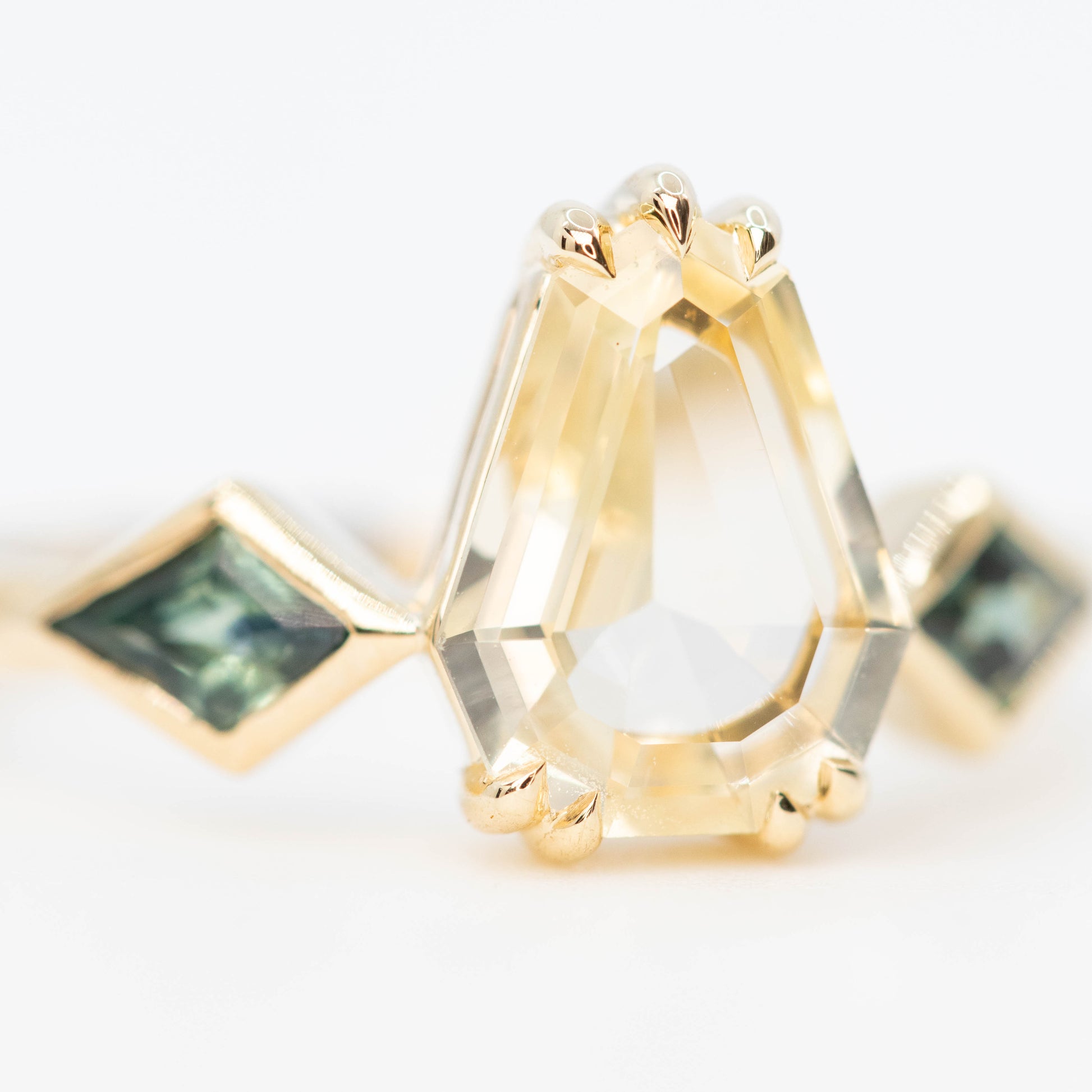 Vespera Ring with a 1.74 Carat Clear Yellow Geometric Pear Sapphire and Teal Sapphire Accents in 14k Yellow Gold - Ready to Size and Ship - Midwinter Co. Alternative Bridal Rings and Modern Fine Jewelry