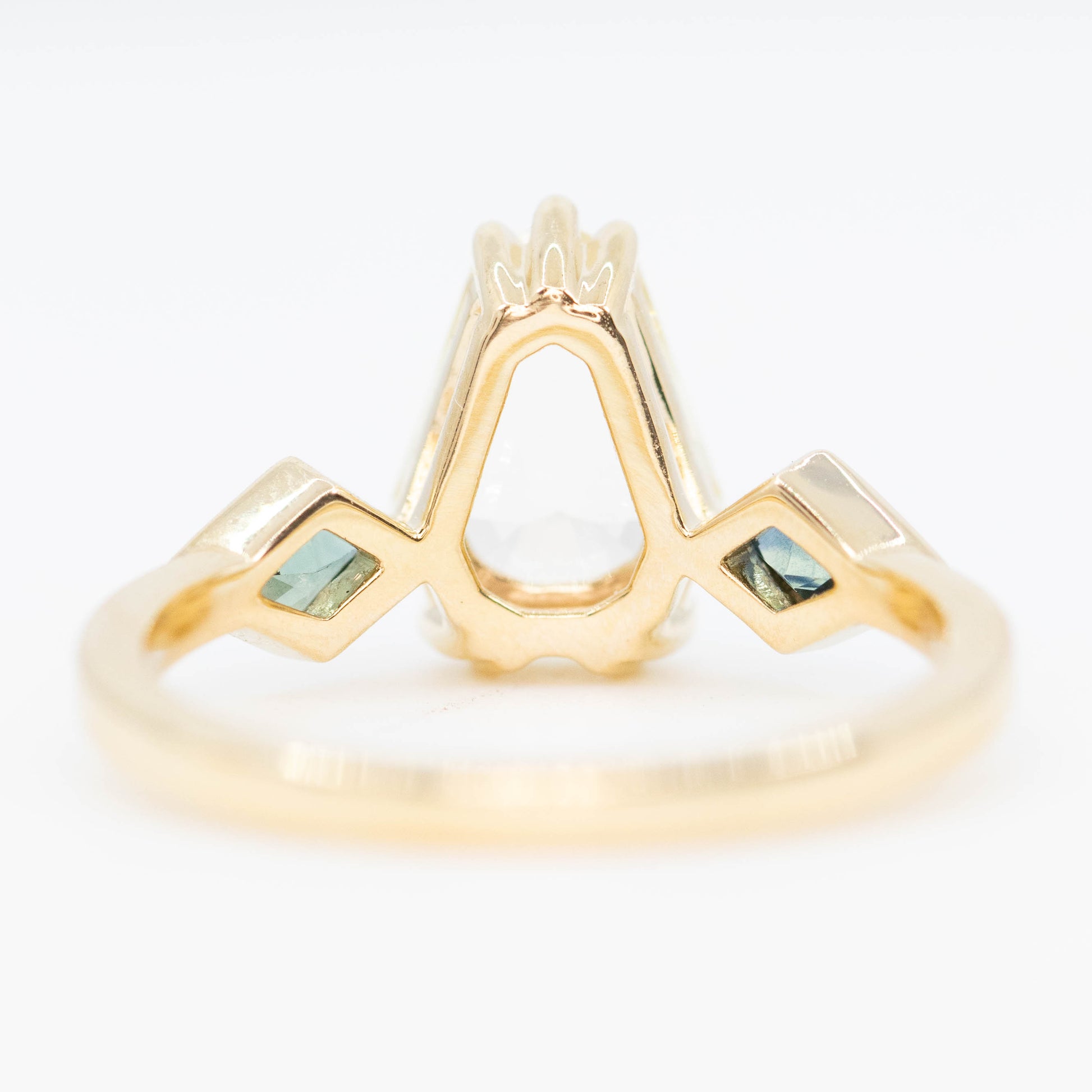 Vespera Ring with a 1.74 Carat Clear Yellow Geometric Pear Sapphire and Teal Sapphire Accents in 14k Yellow Gold - Ready to Size and Ship - Midwinter Co. Alternative Bridal Rings and Modern Fine Jewelry