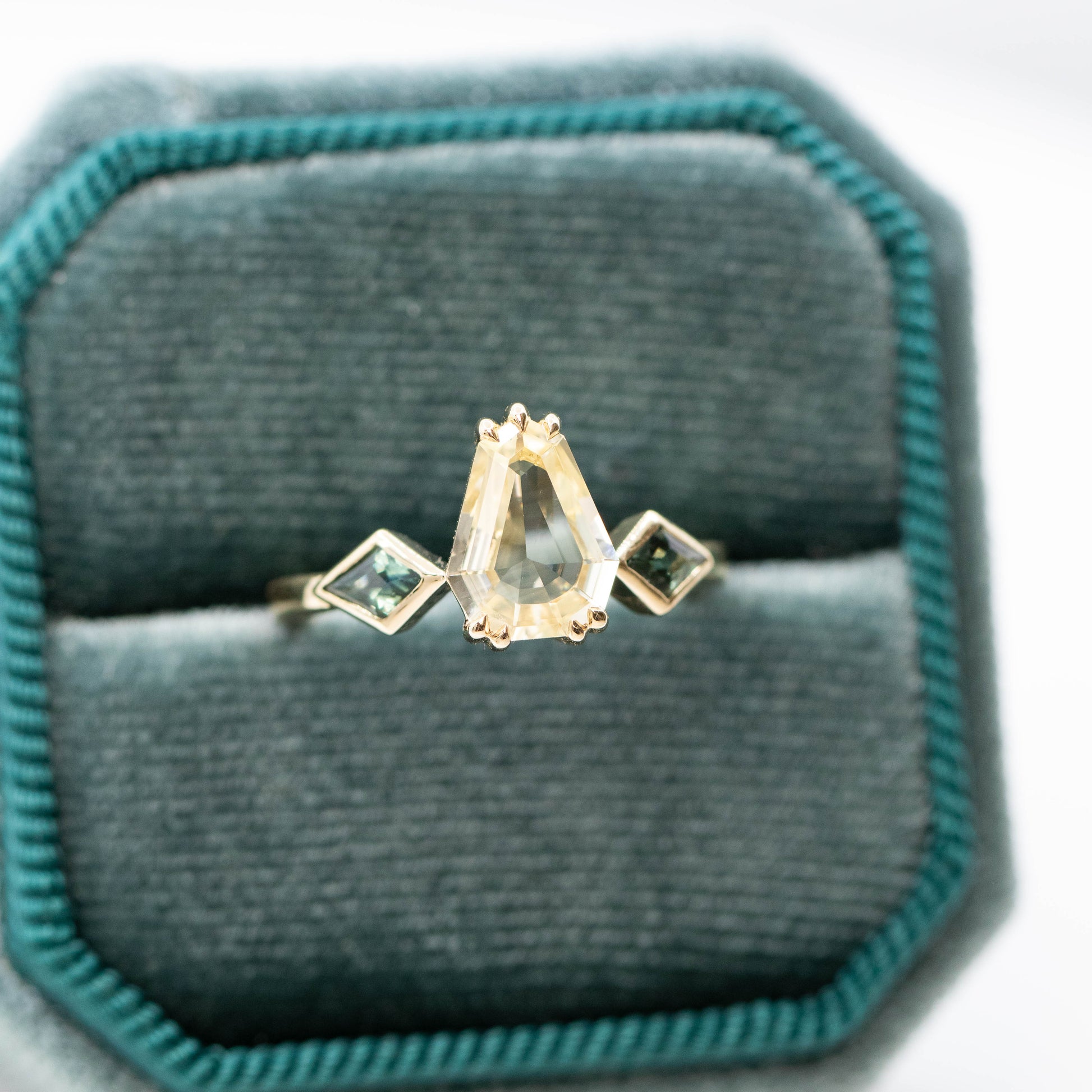Vespera Ring with a 1.74 Carat Clear Yellow Geometric Pear Sapphire and Teal Sapphire Accents in 14k Yellow Gold - Ready to Size and Ship - Midwinter Co. Alternative Bridal Rings and Modern Fine Jewelry