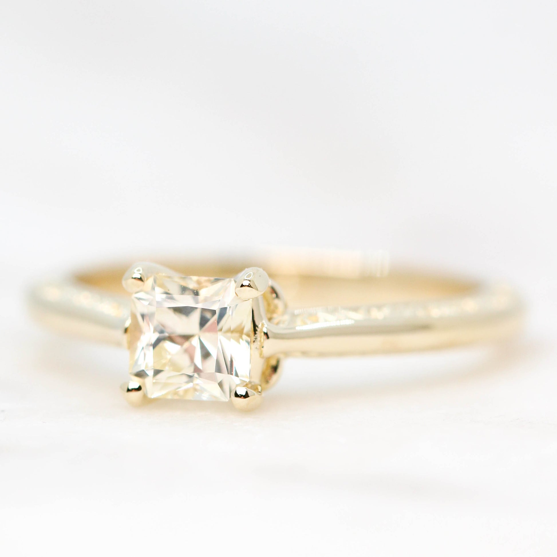 Vivienne Ring with a 0.77 Carat Radiant Cut Champagne Sapphire in 14k Yellow Gold - Ready to Size and Ship - Midwinter Co. Alternative Bridal Rings and Modern Fine Jewelry