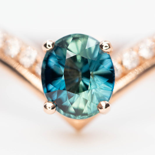 Zahra Ring with a 1.09 Carat Teal Blue Oval Sapphire and White Accent Diamonds in 14k Rose Gold - Ready to Size and Ship - Midwinter Co. Alternative Bridal Rings and Modern Fine Jewelry