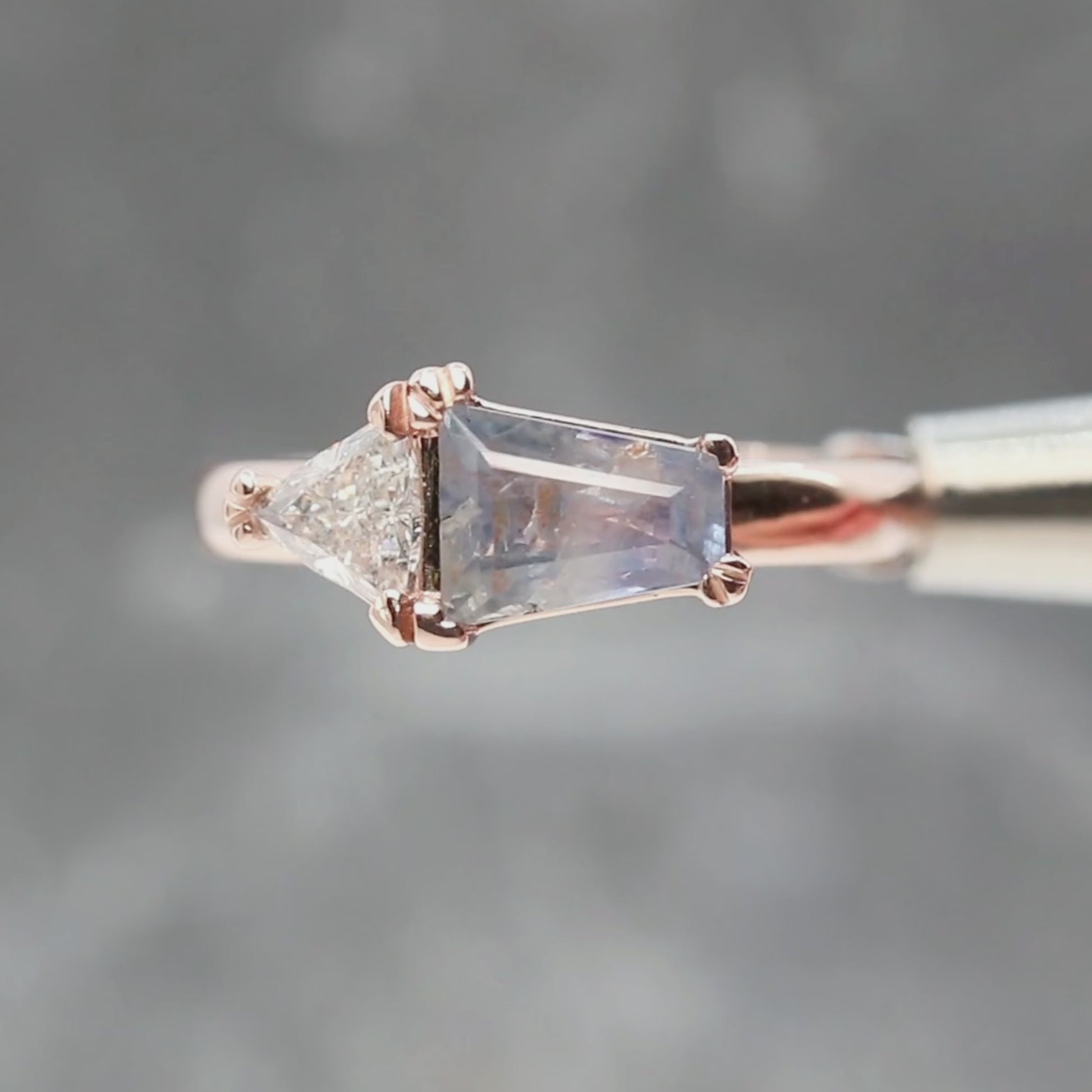 Jade Ring with a 1.39 Carat Blue Trapezoid Sapphire and a 0.40 Carat Trillion Diamond in 14k Rose Gold - Ready to Size and Ship