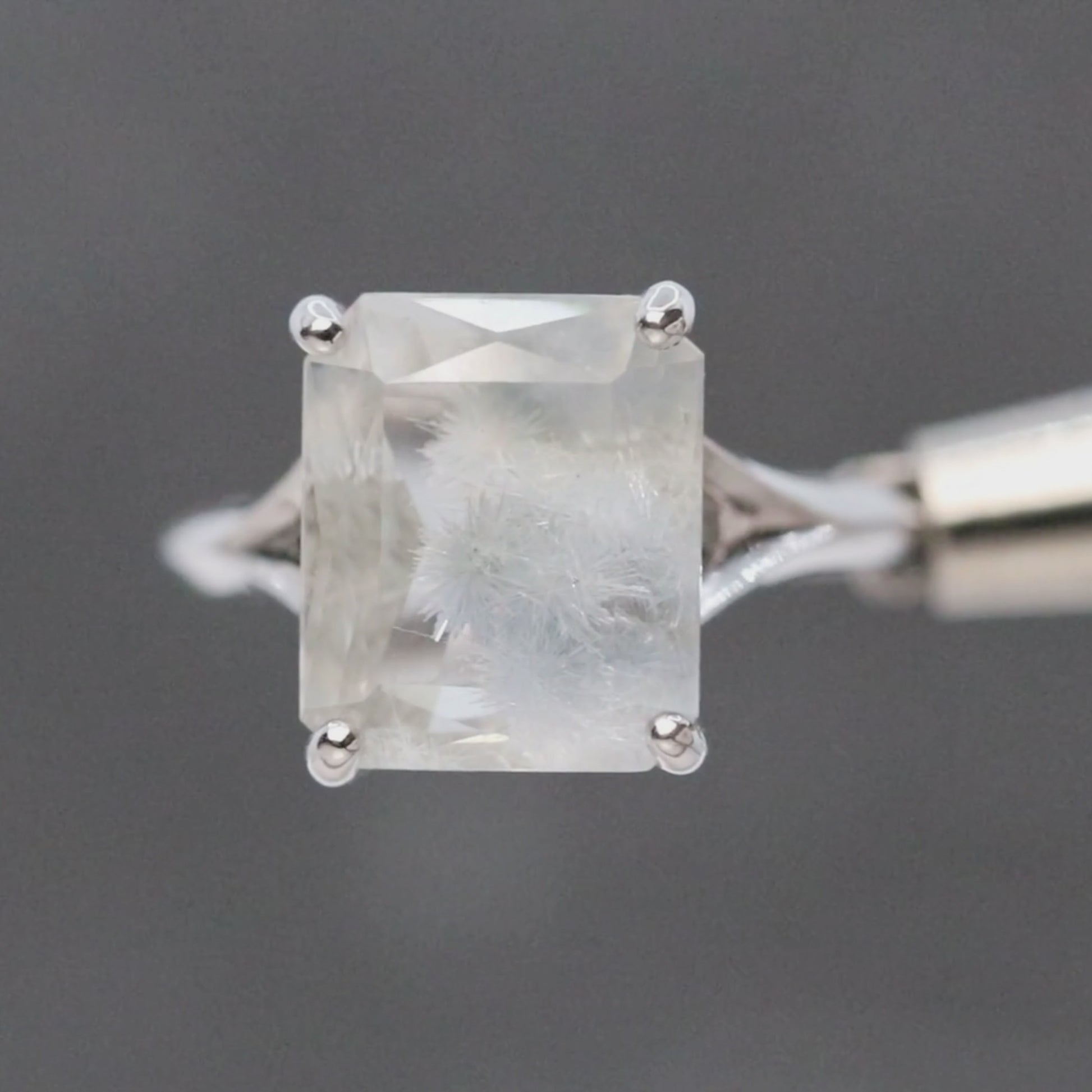 Sylvie Ring with a 6.60 Carat Emerald Cut Quartz in 14k White Gold - Ready to Size and Ship