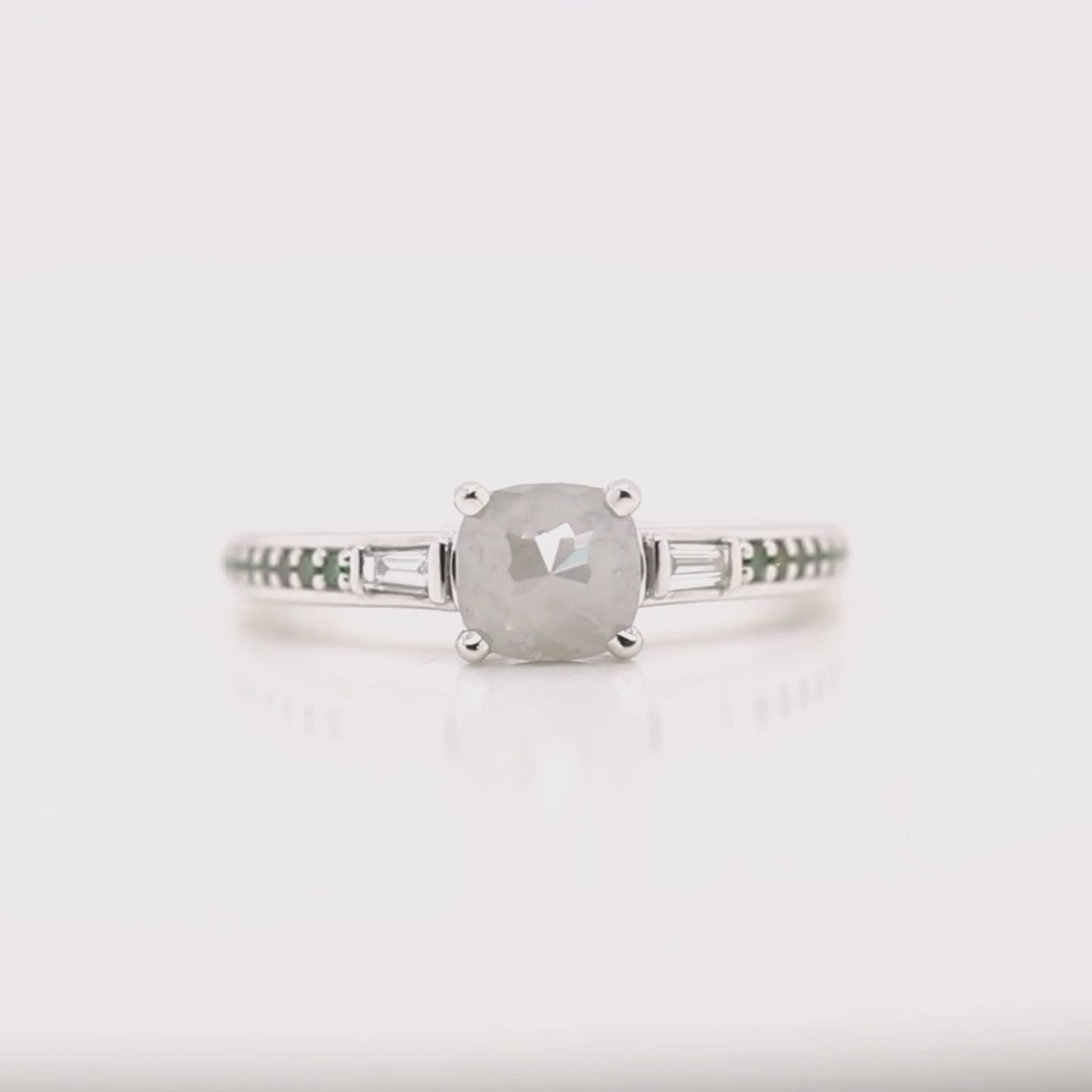 Beckett Ring with a 0.80 Carat Misty Gray Cushion Cut Salt and Pepper Diamond and Green Accent Diamonds in 14k White Gold - Ready to Size and Ship