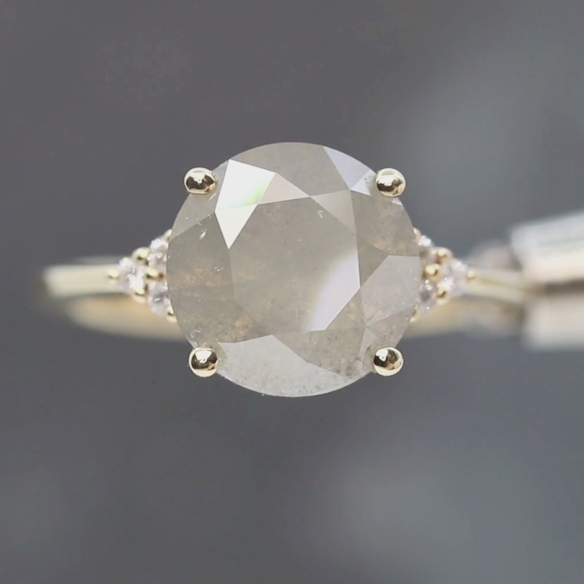 Imogene Ring with a 4.01 Carat Round Gray Salt and Pepper Diamond and White Accent Diamonds in 14k Yellow Gold - Ready to Size and Ship