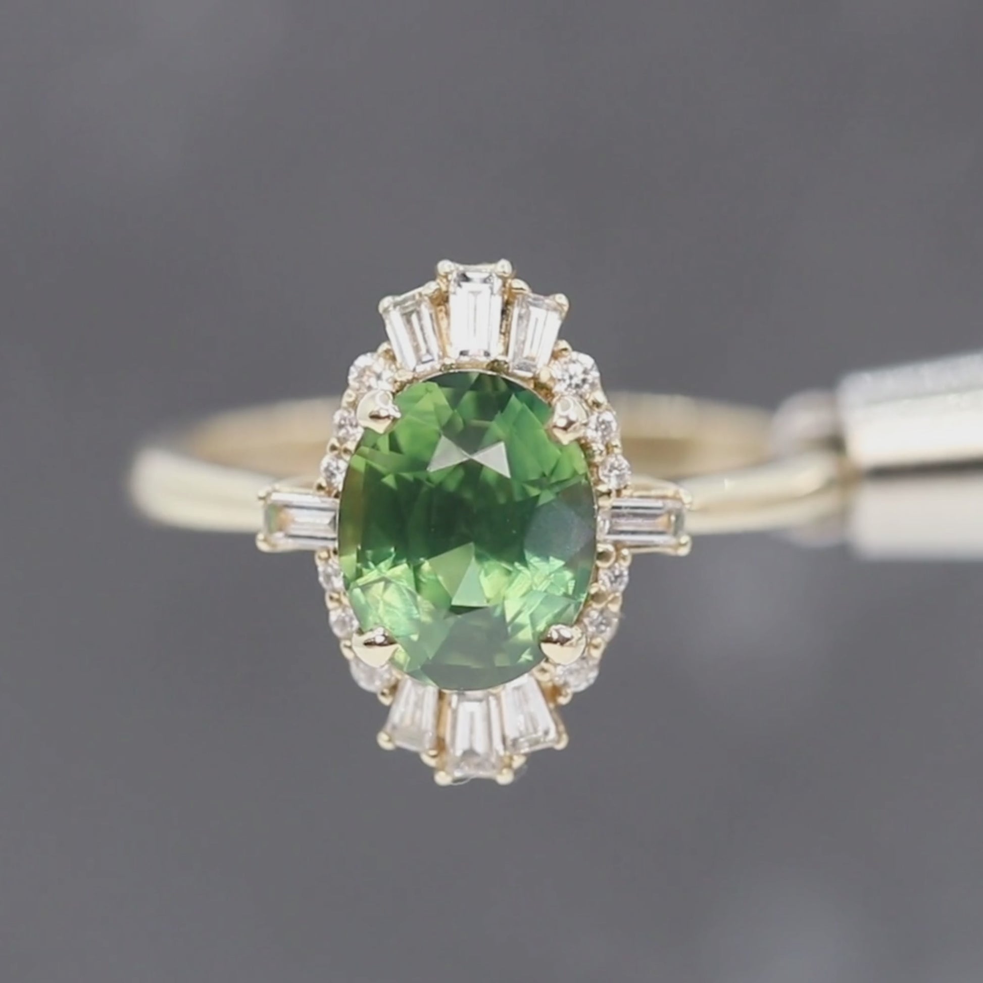 Ophelia Ring with a 2.06 Carat Green Australian Oval Sapphire and White Accent Diamonds in 14k Yellow Gold - Ready to Size and Ship