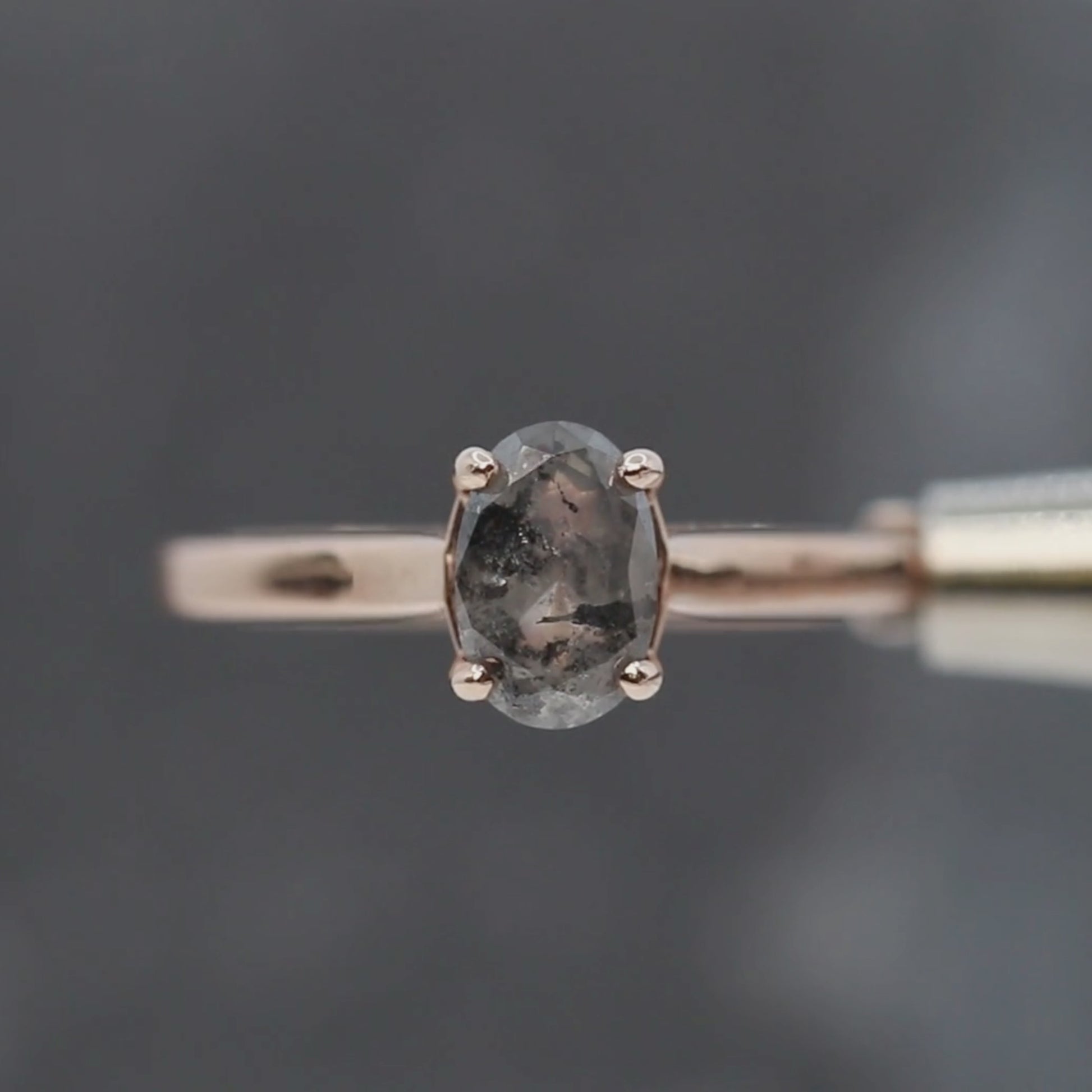 Charlie Ring with a 1.24 Carat Dark Gray Salt and Pepper Oval Diamond and Hidden Accent Diamonds in 14k Rose Gold - Ready to Size and Ship