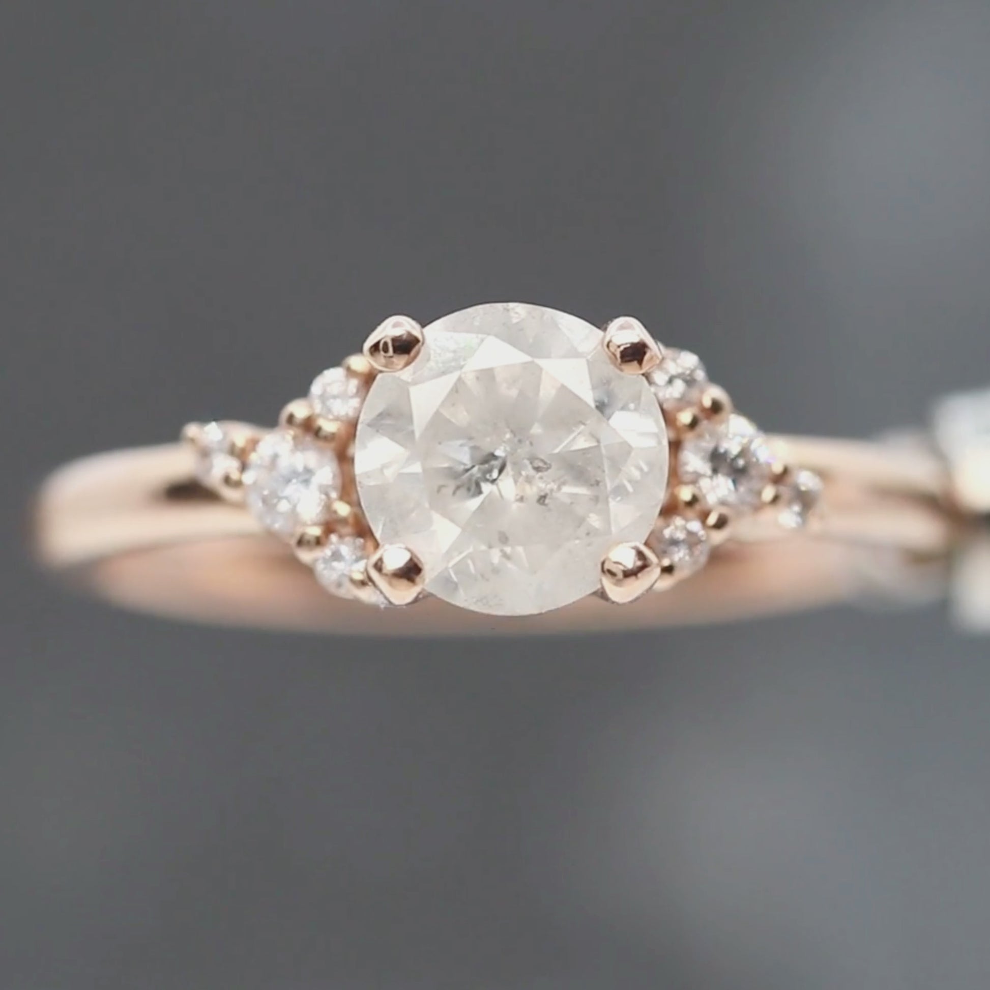 Marley Ring with a 1.05 Carat Round White Salt and Pepper Diamond and White Accent Diamonds in 14k Rose Gold - Ready to Size and Ship