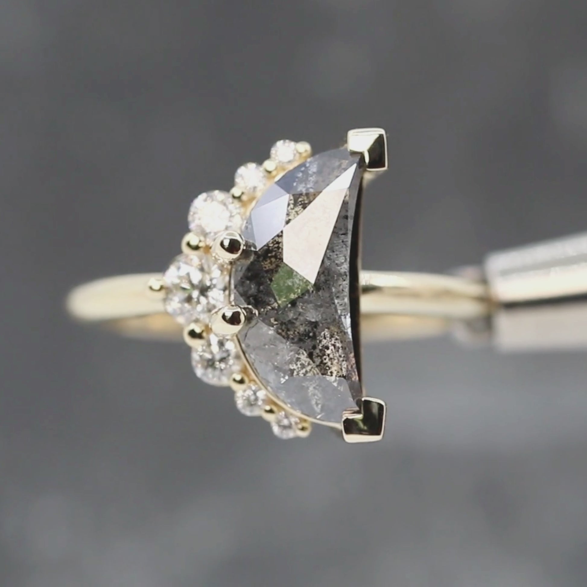 Carell Ring with a 2.73 Carat Crescent Diamond and White Accent Diamonds in 14k Yellow Gold - Ready to Size and Ship