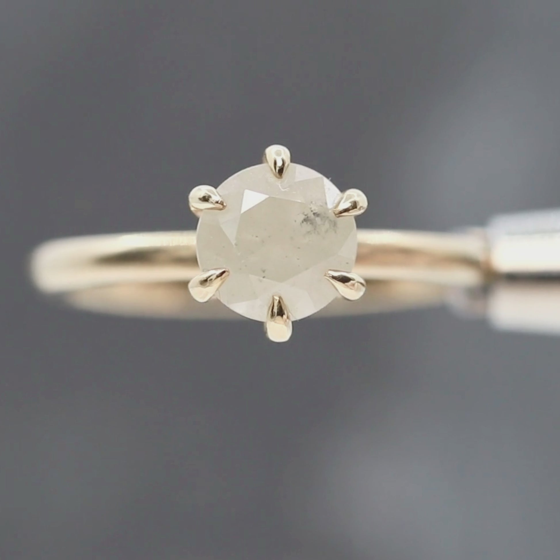 Charlotte Ring with a 1.55 Carat Round Misty White Salt and Pepper Diamond in 14k Yellow Gold - Ready to Size and Ship