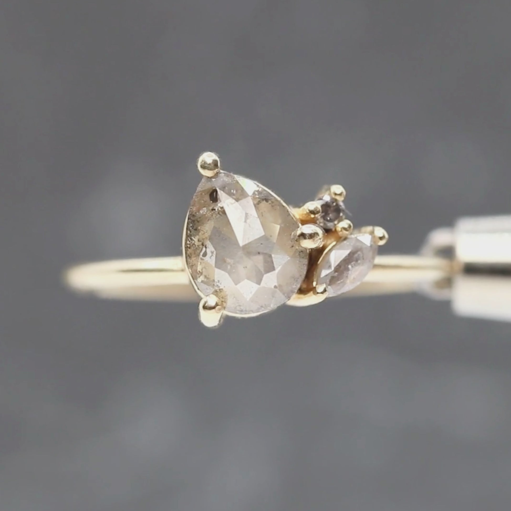 Francine Ring with a 0.97 Carat Champagne Gray Pear Diamond and Salt and Pepper Diamond Accents in 14k Yellow Gold - Ready to Size and Ship