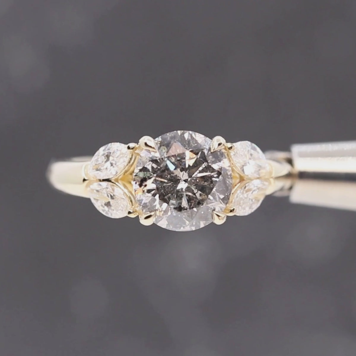Marisol Ring with a 2.08 Carat Stormy Gray Diamond and White Accent Diamonds in 14k Yellow Gold - Ready to Size and Ship