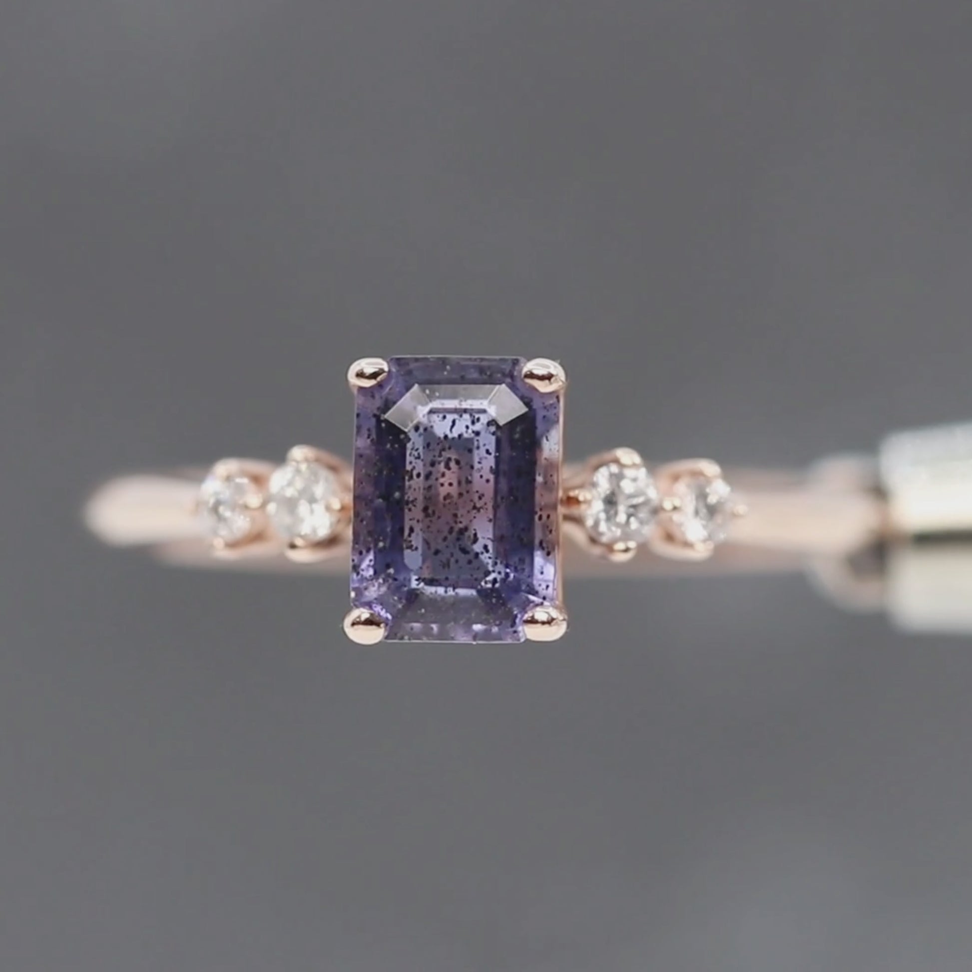 Cordelia Ring with a 0.88 Carat Emerald Cut Iolite and White Accent Diamonds in 14k Rose Gold - Ready to Size and Ship