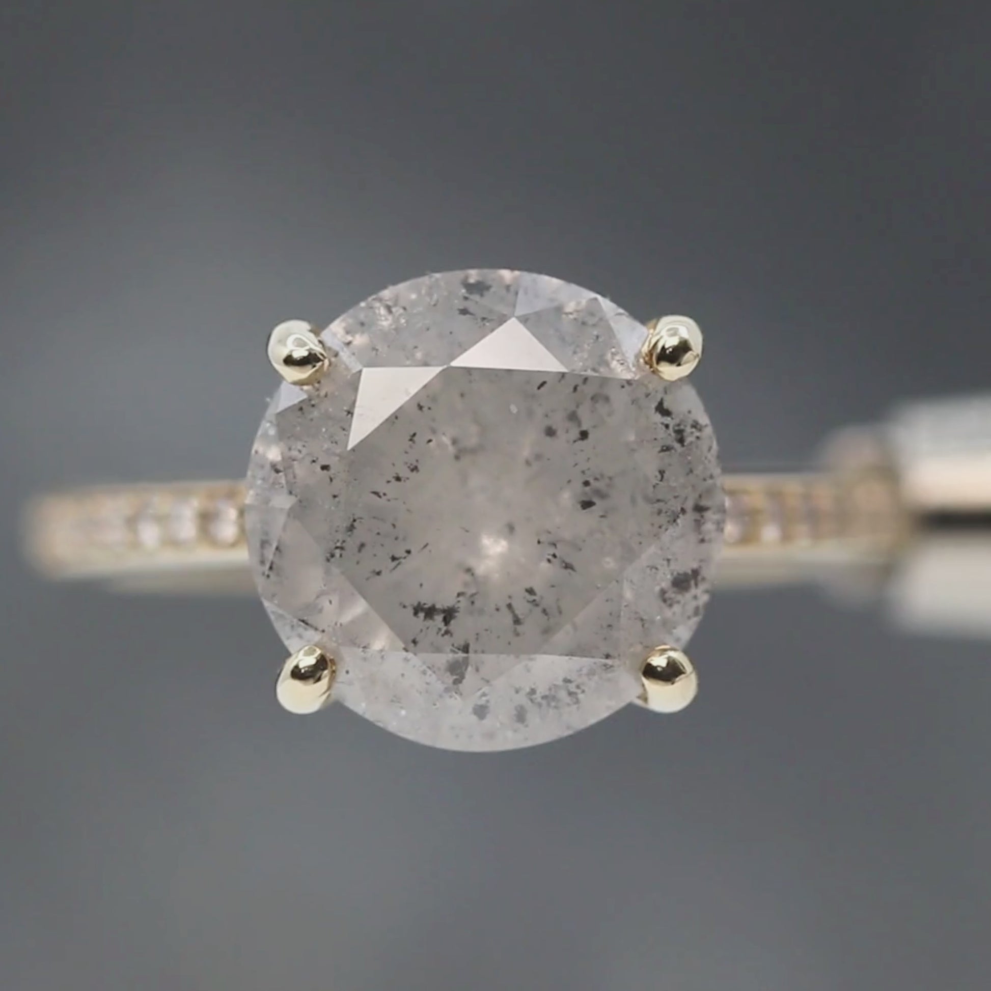 Imani Ring with a 4.87 Carat Round Salt and Pepper Diamond and White Pave Diamonds in 14k Yellow Gold - Ready to Size and Ship