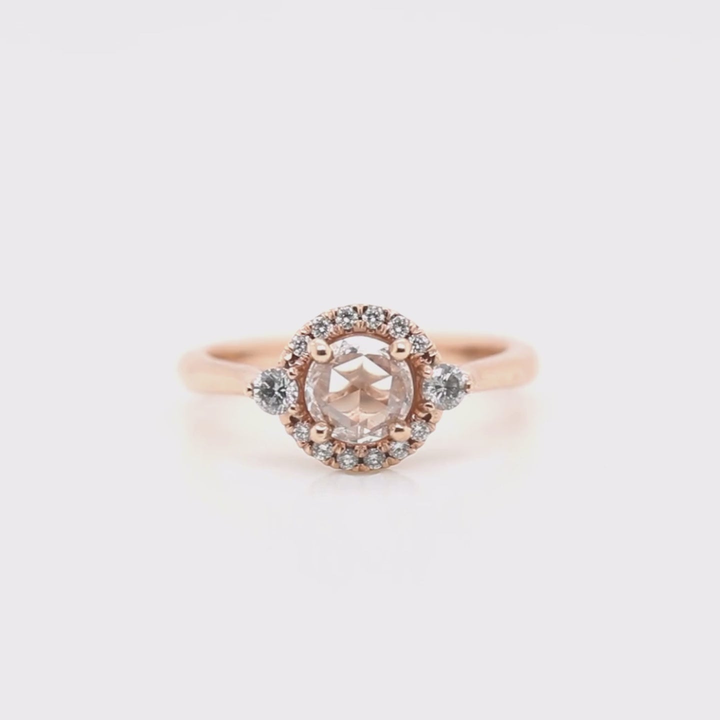 Vanessa Ring with 0.41 Carat Rose Cut Clear Round Diamond and Natural Diamond Accents in 10k Rose Gold - Ready to Size and Ship