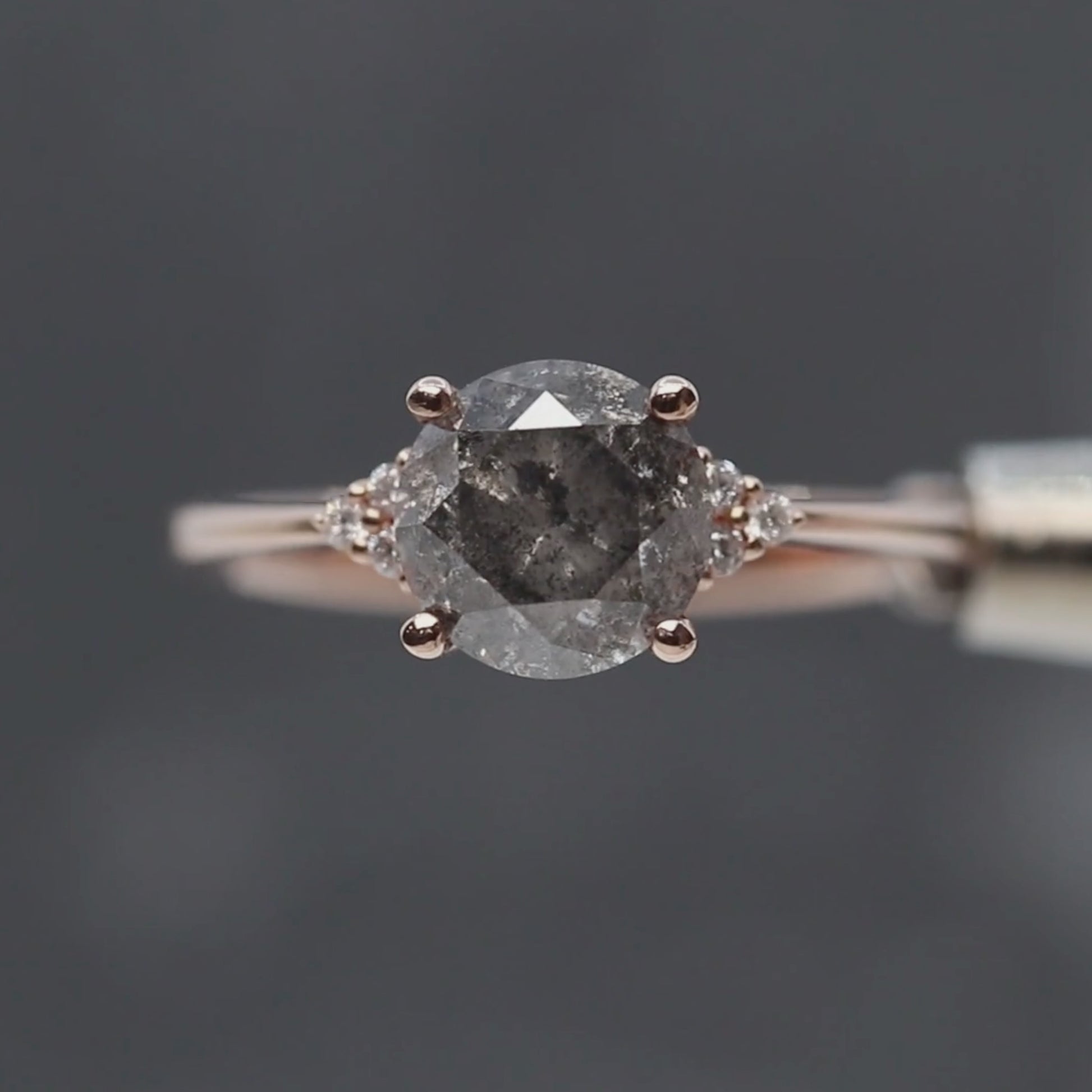 Imogene Ring with a 2.23 Carat Stormy Gray Round Diamond and White Canadian Accent Diamonds in 14k Rose Gold - Ready to Size and Ship