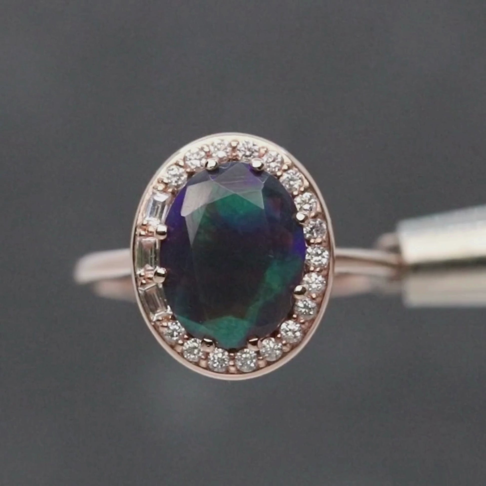 Collins Ring with a 1.35 Carat Black Oval Opal and White Accent Diamonds in 14k Rose Gold - Ready to Size and Ship