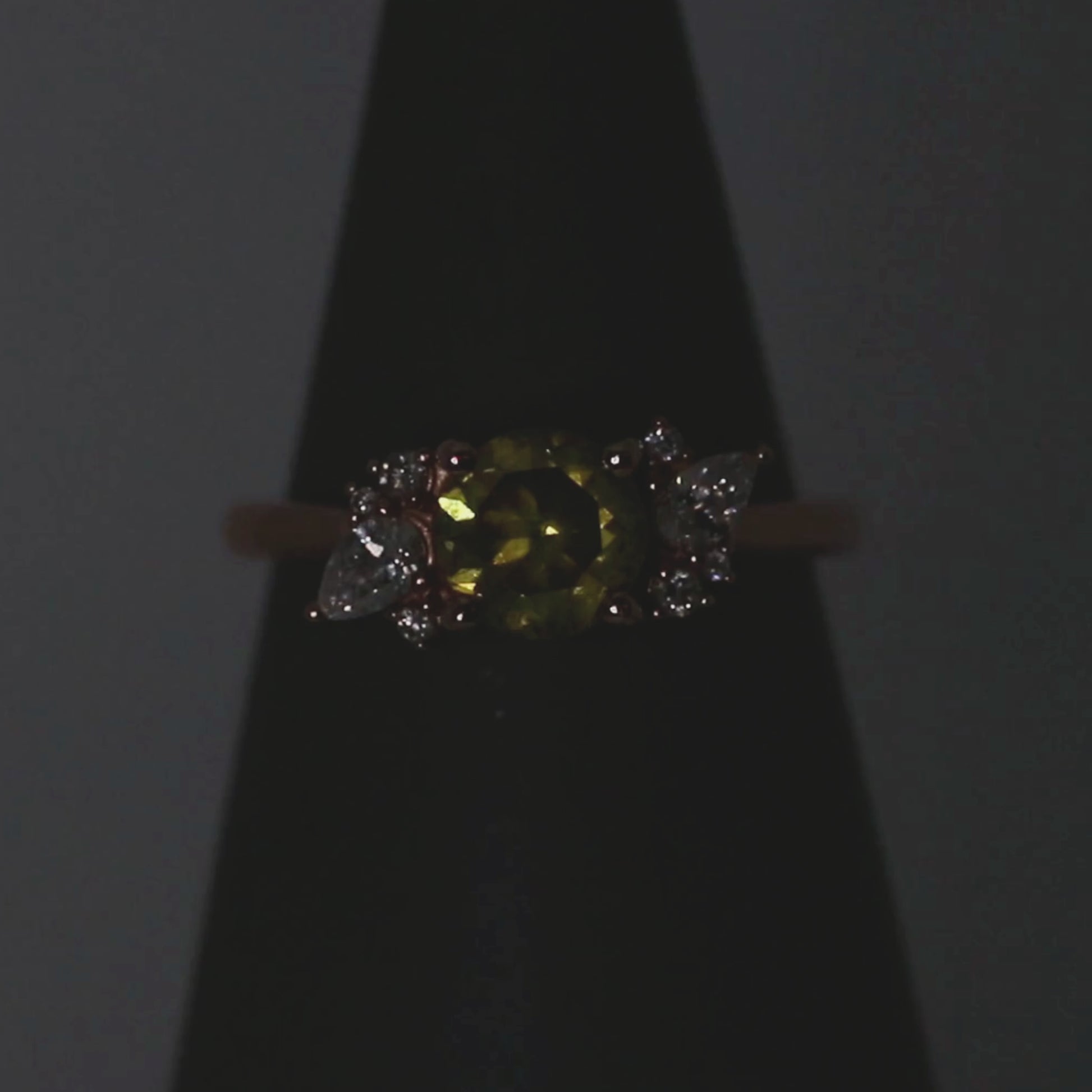 Sable Ring with a 1.38 Carat Yellow-Green Round Diamond and White Accent Diamonds in 14k Rose Gold - Ready to Size and Ship
