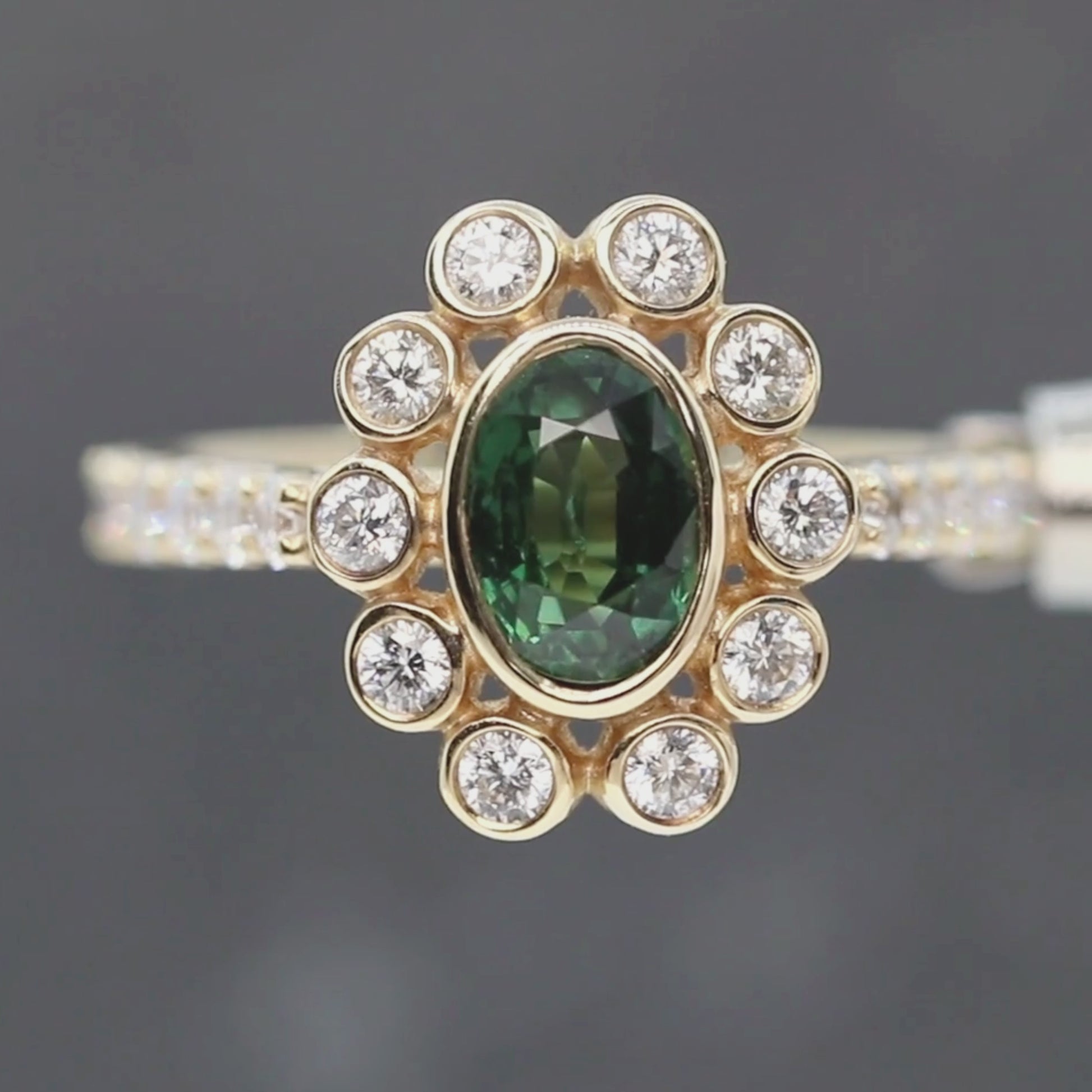 Minnie Ring with a 1.14 Carat Australian Green Oval Sapphire and White Accent Diamonds in 14k Yellow Gold - Ready to Size and Ship