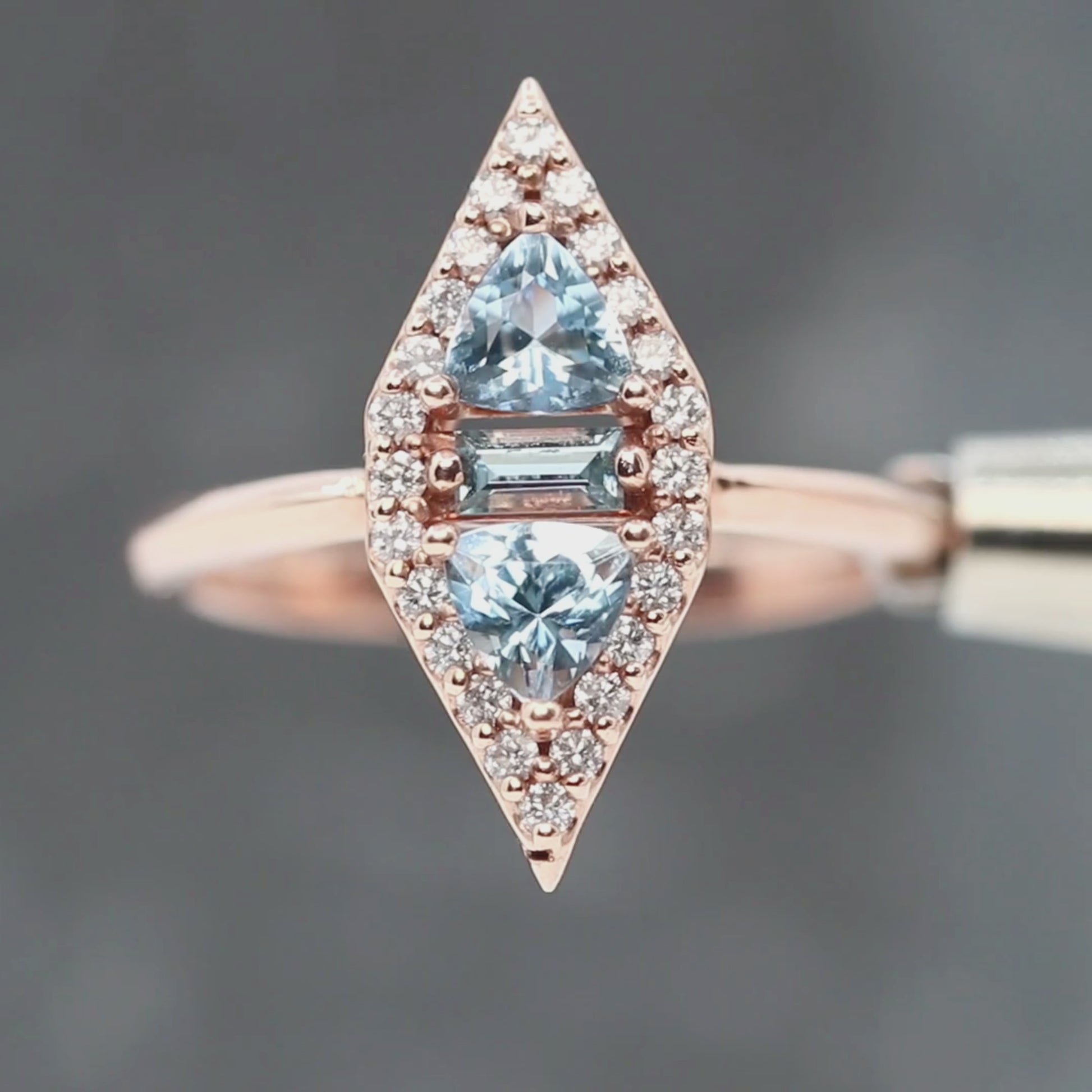 Valentina Ring with Trillion Aquamarines and White Accent Diamonds in 10k Rose Gold - Ready to Size and Ship