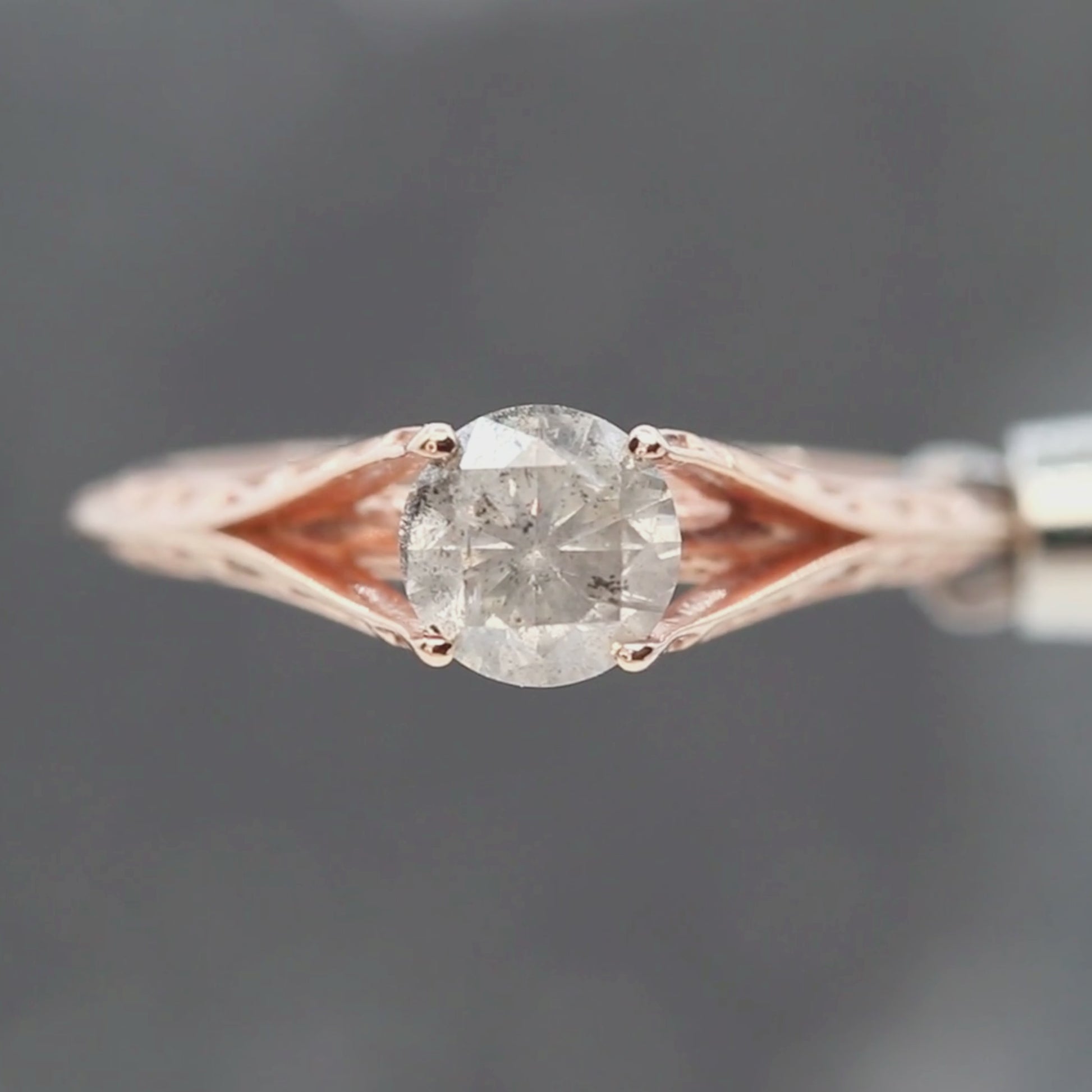 Ivy Ring with a 0.98 Carat Round Light Gray Salt and Pepper Diamond in 14k Rose Gold - Ready to Size and Ship