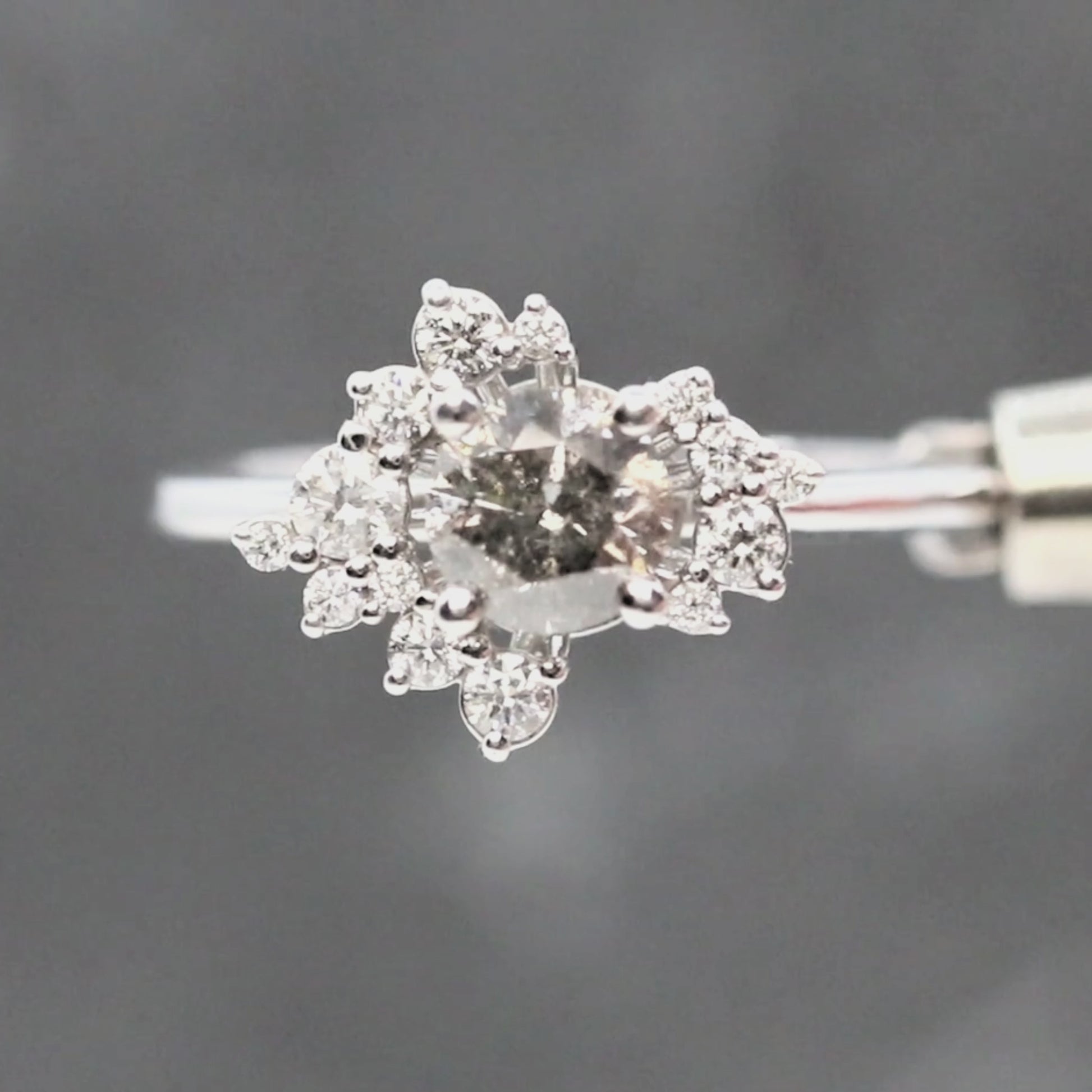 Orion Ring with a 0.81 Carat Round Charcoal Salt and Pepper Diamond and White Accent Diamonds in 14k White Gold - Ready to Size and Ship