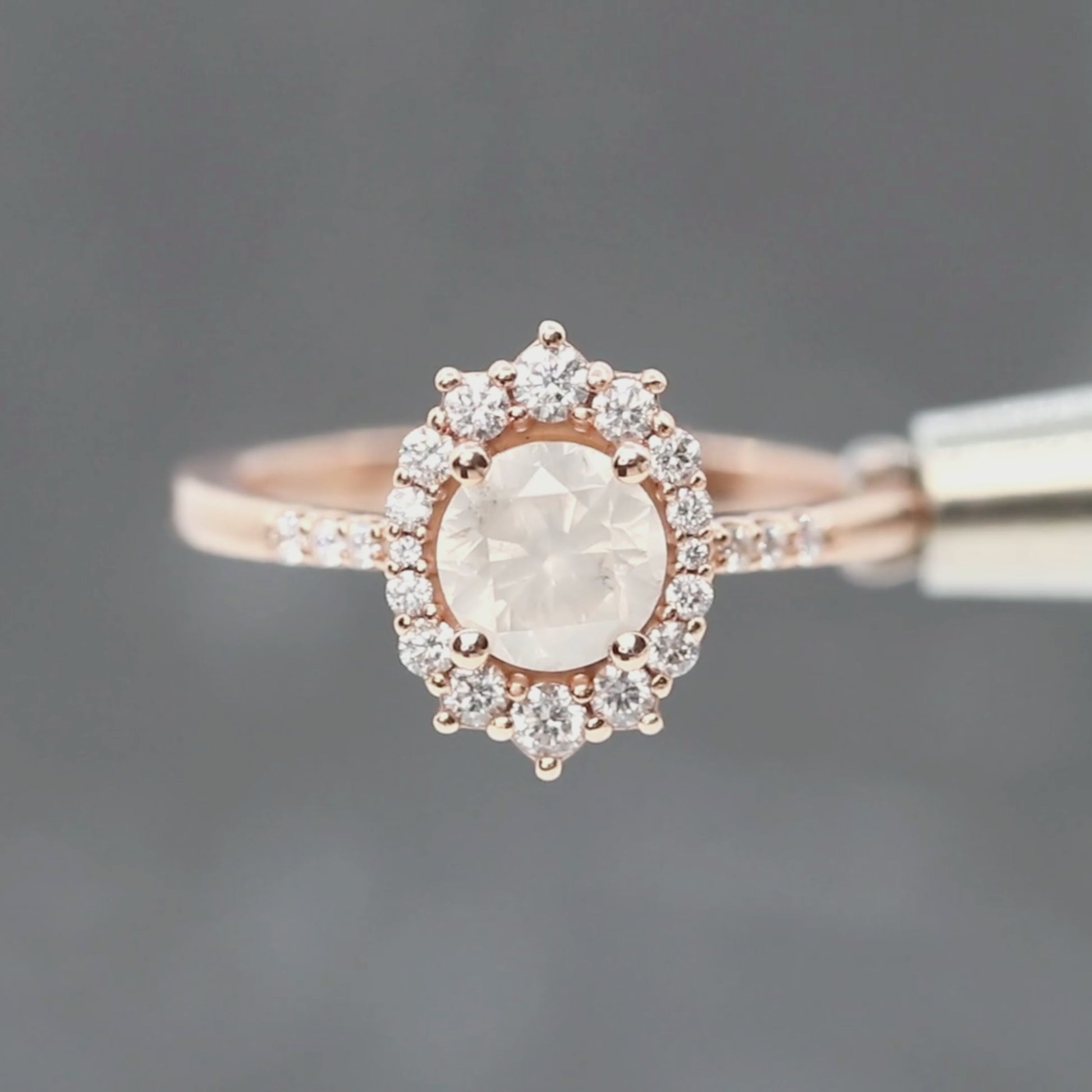 Grace Ring with a 0.95 Carat Round White Salt and Pepper Diamond and White Accent Diamonds in 14k Rose Gold - Ready to Size and Ship