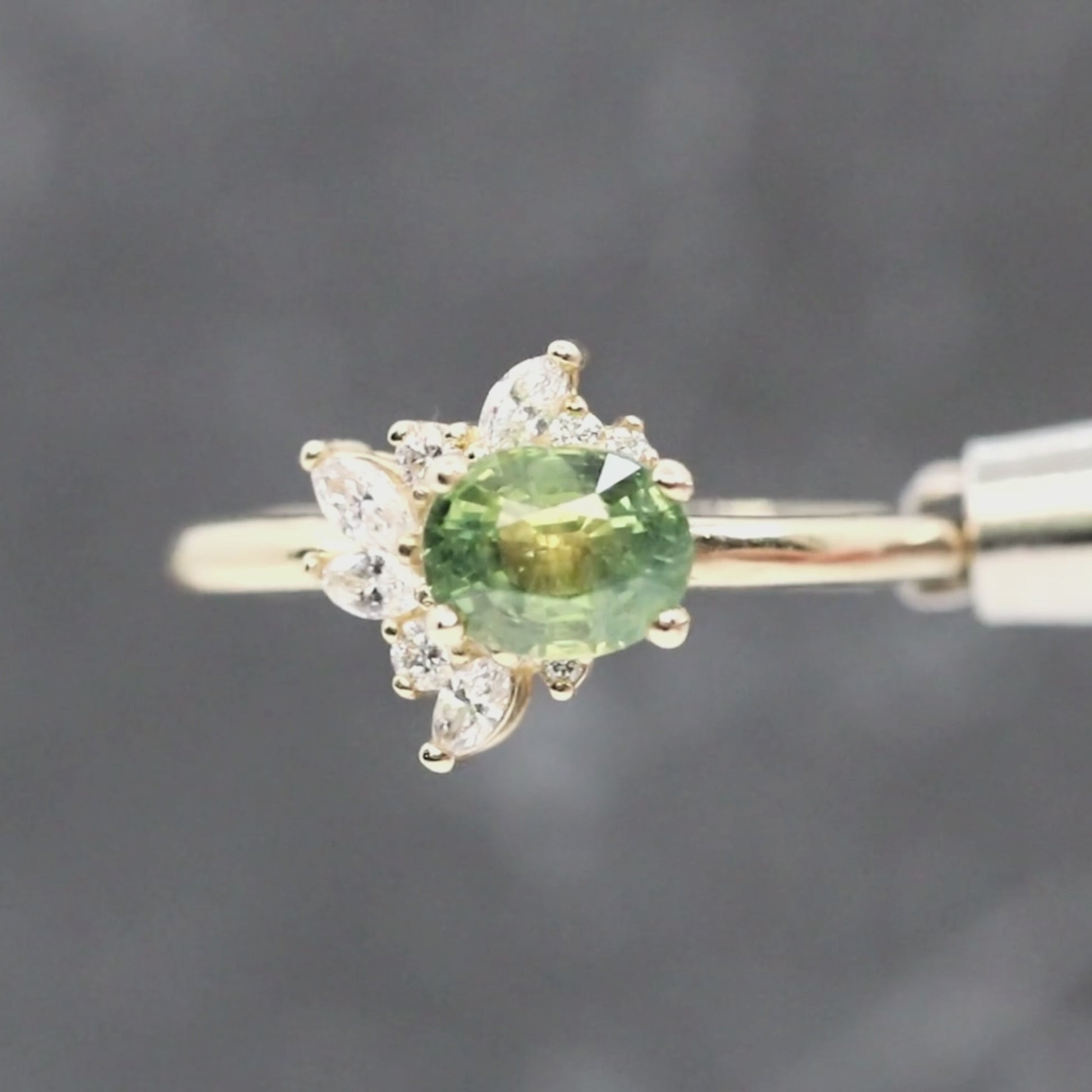 Amaya Ring with a 1.25 Carat Green Oval Sapphire and White Accent Diamonds in 14k Yellow Gold - Ready to Size and Ship