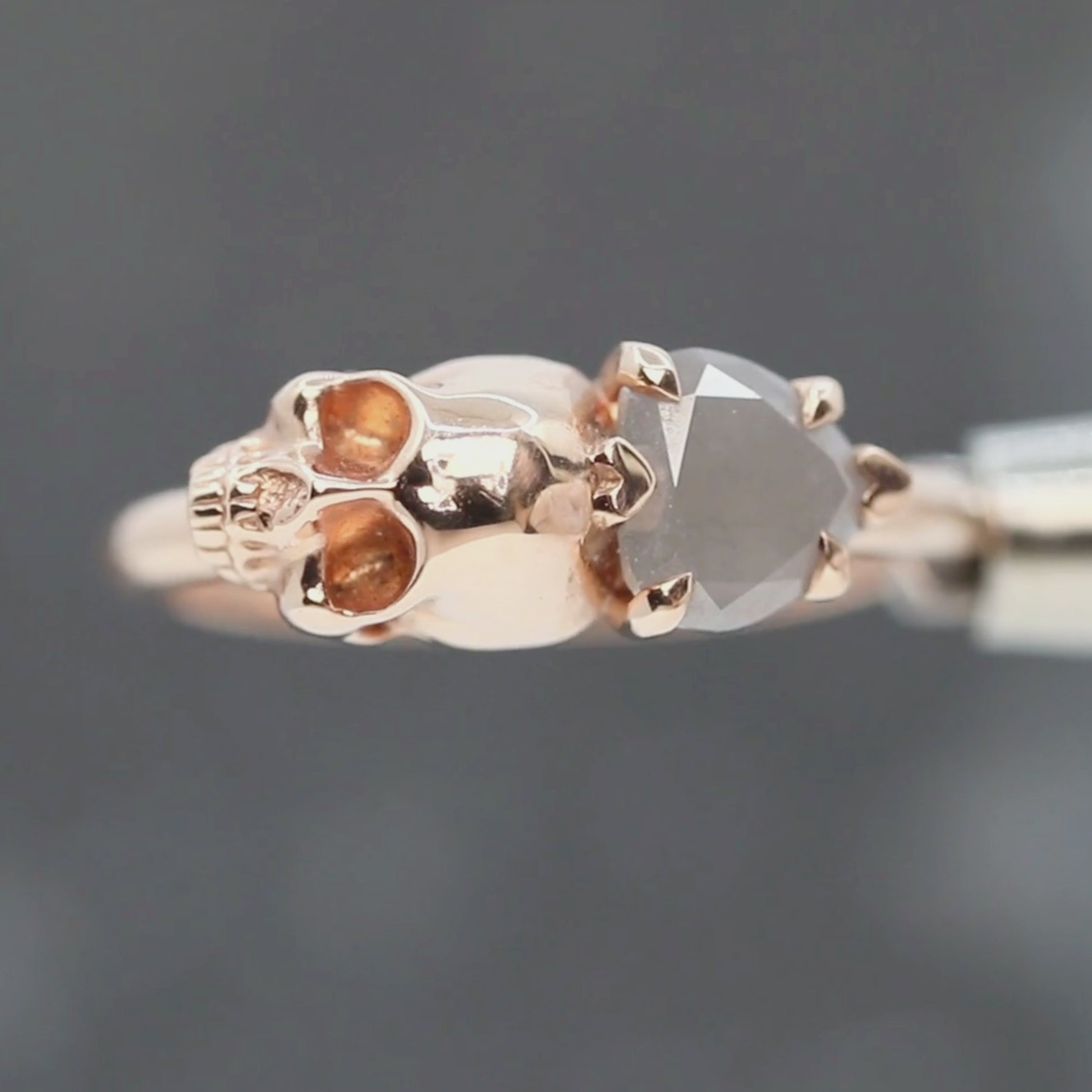 Skull Ring with a 0.83 Carat Misty Gray Heart-Shaped Salt and Pepper Diamond and Hidden Diamond in 14k Rose Gold - Ready to Size and Ship