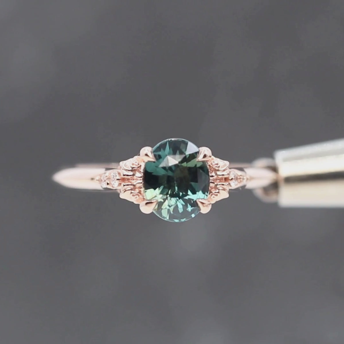 Rosalia Ring with a 1.22 Carat Teal Blue Oval Sapphire and White Accent Diamonds in 14k Rose Gold - Ready to Size and Ship