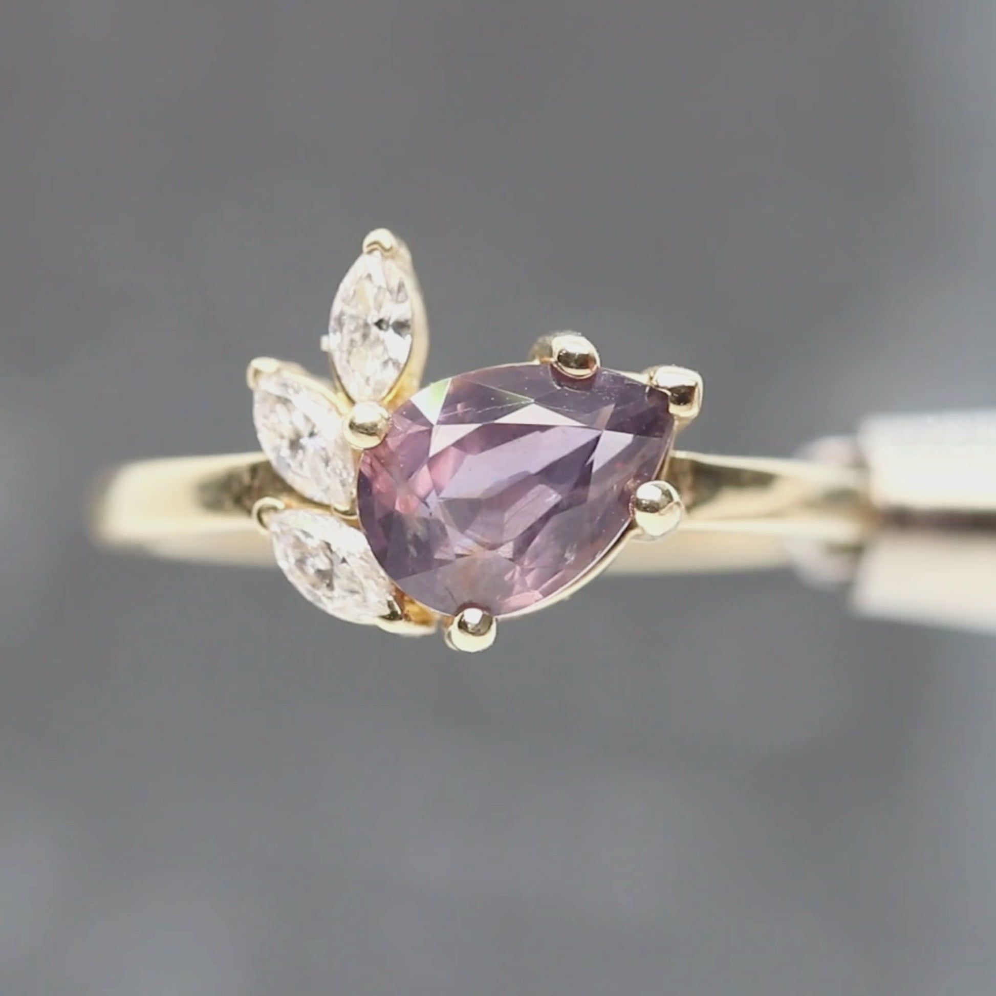 Alyssa Ring with a 1.50 Carat Berry Pear Sapphire and White Accent Diamonds in 14k Yellow Gold - Ready to Size and Ship