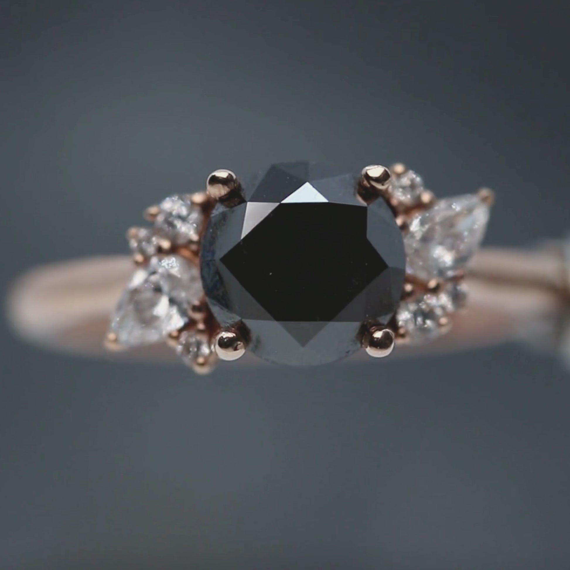 Sable Ring with a 2.20 Carat Round Black Salt and Pepper Diamond and White Accent Diamonds in 14k Rose Gold - Ready to Size and Ship