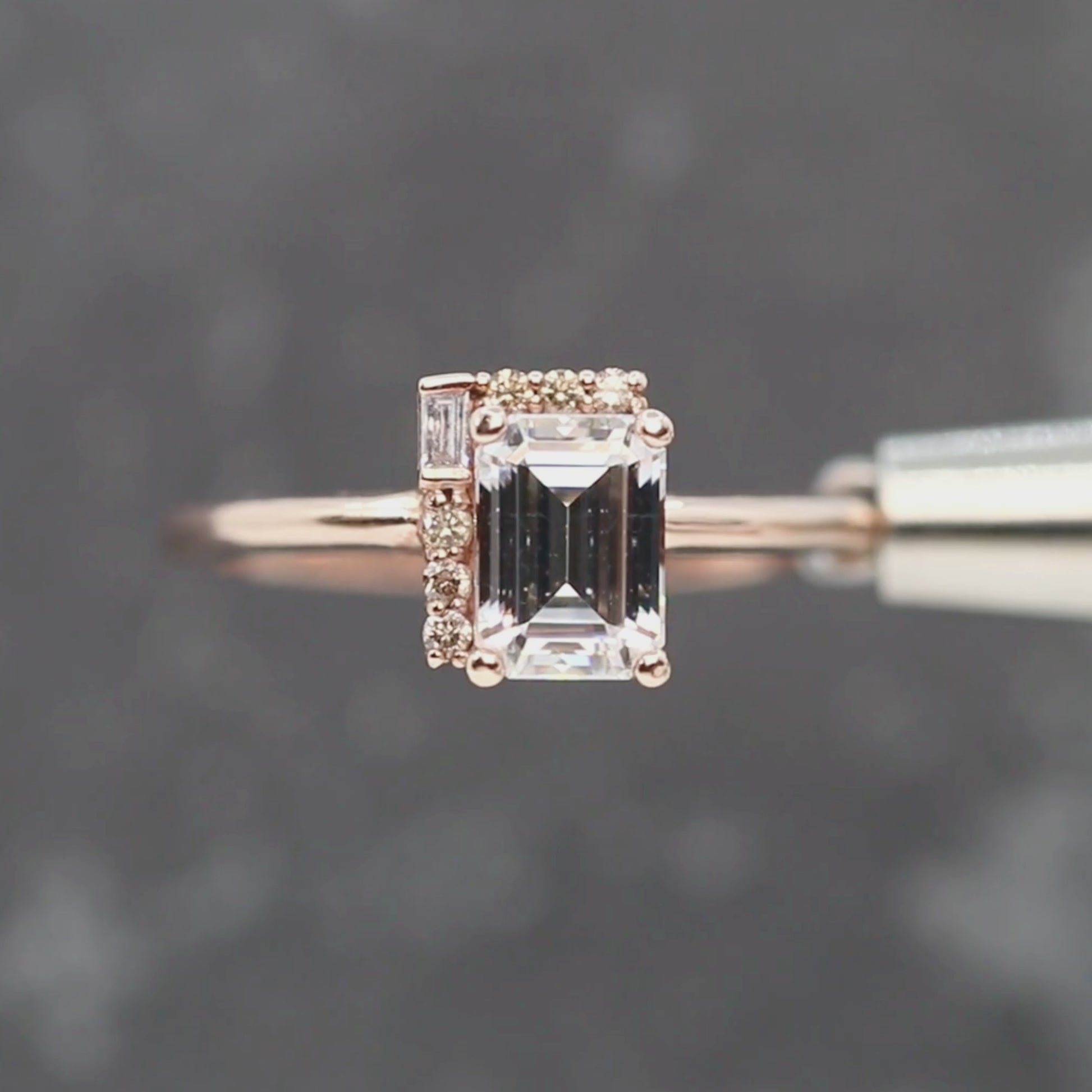 Celine Ring with a 0.92 Carat Emerald Cut Moissanite and Cognac Accent Diamonds in 14k Rose Gold - Ready to Size and Ship