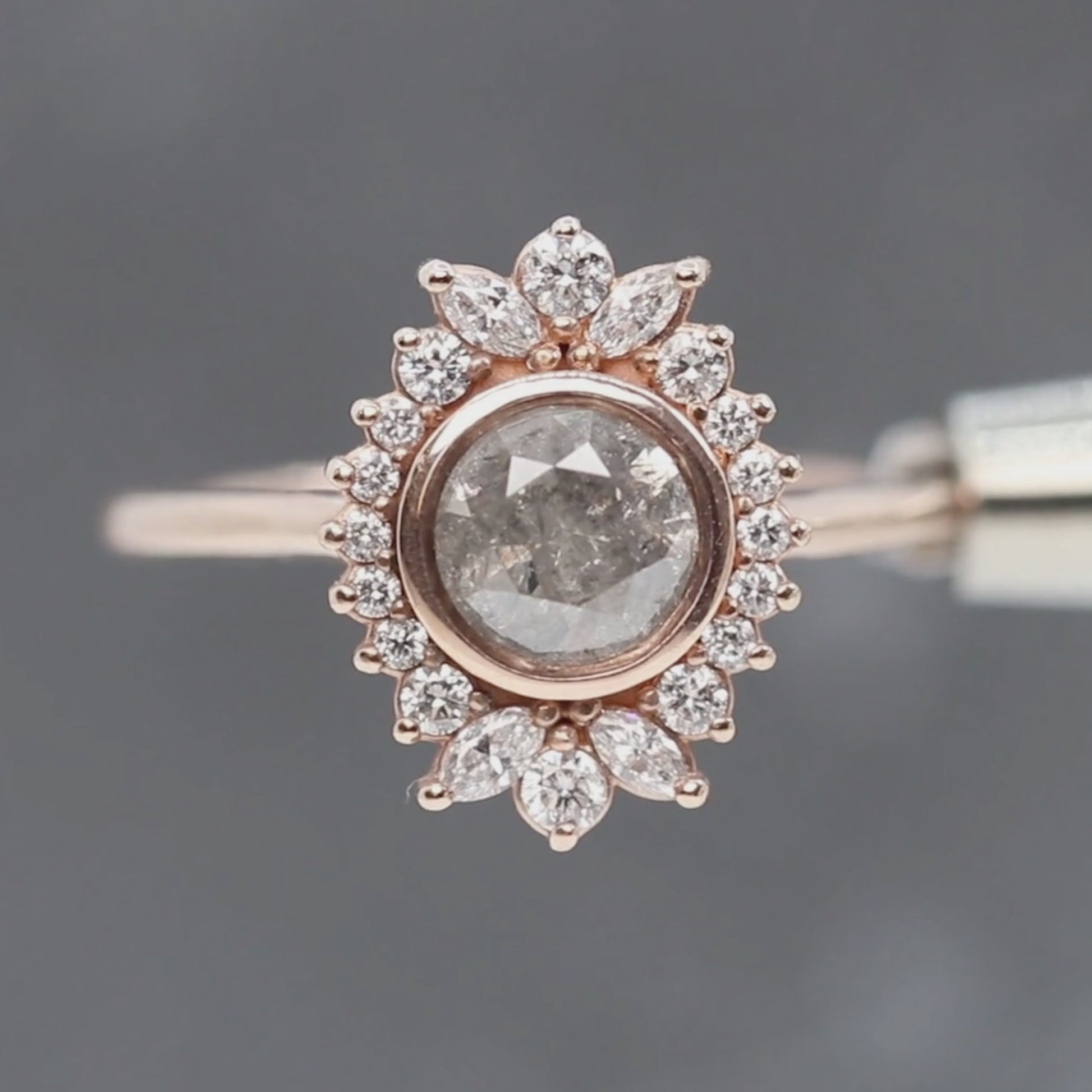 Juliette Ring with a 0.96 Carat Round Gray Salt and Pepper Diamond in 10k Rose Gold - Ready to Size and Ship